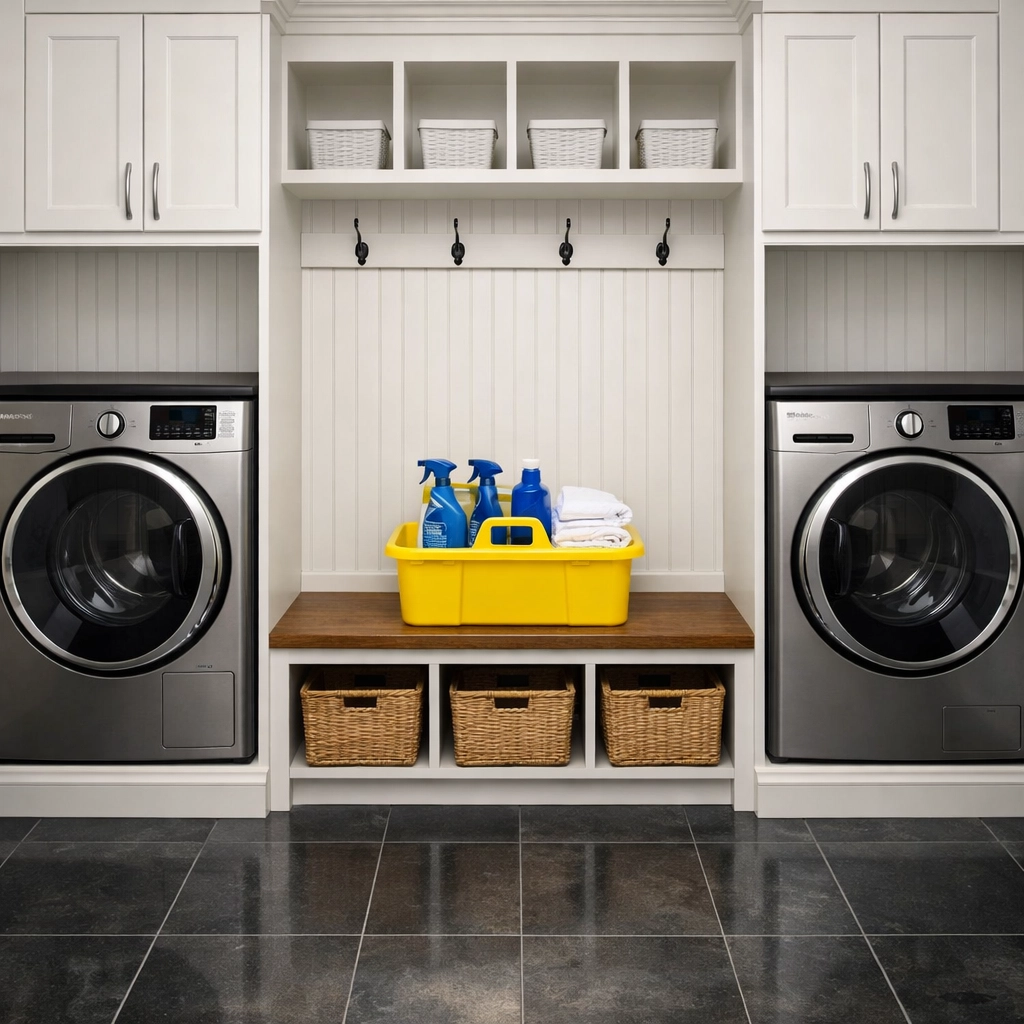 Professional-grade cleaning supplies in an organized mudroom representing high-quality house cleaning.