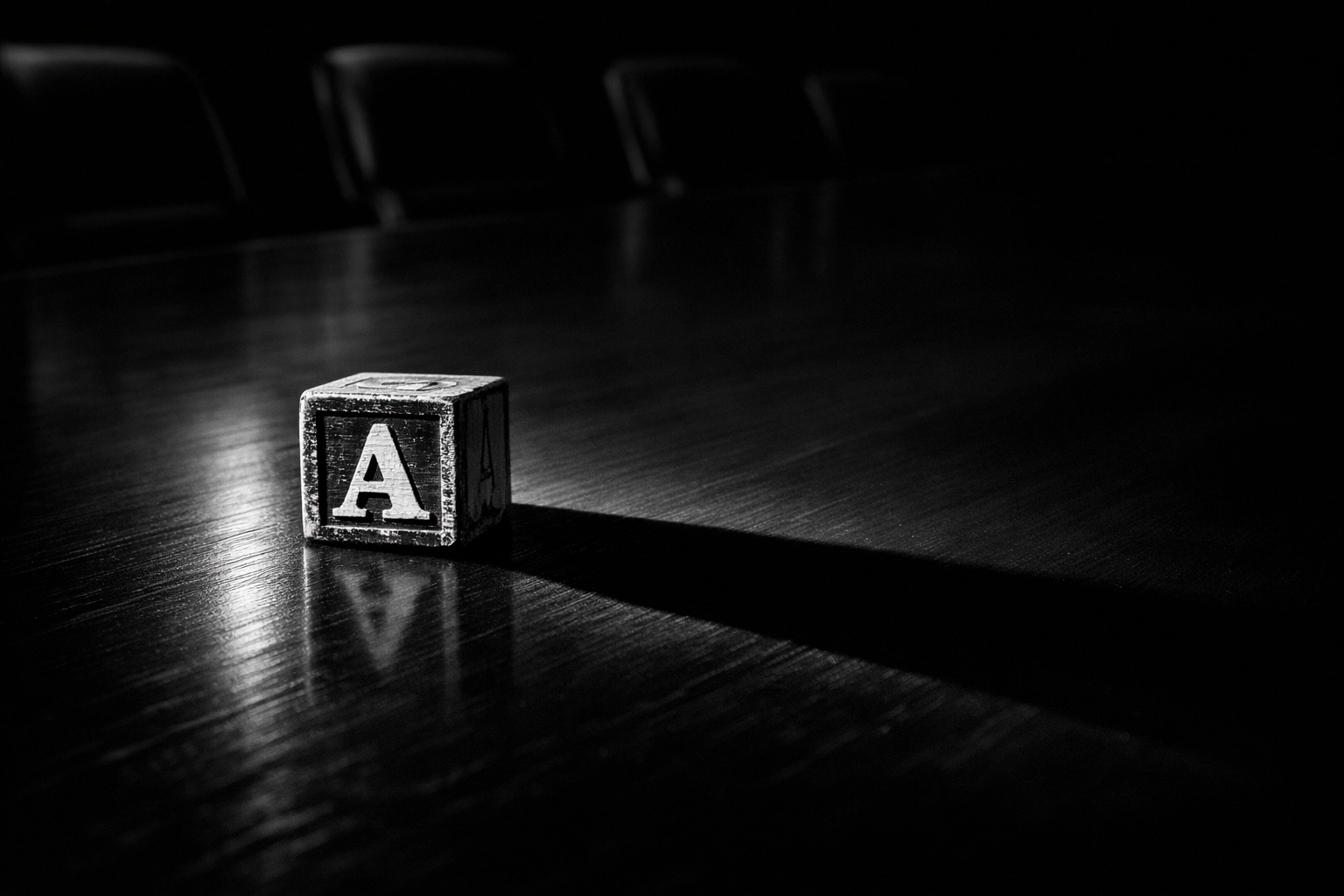 A wooden baby block on a dark boardroom table showing the conflict between motherhood and professional identity.
