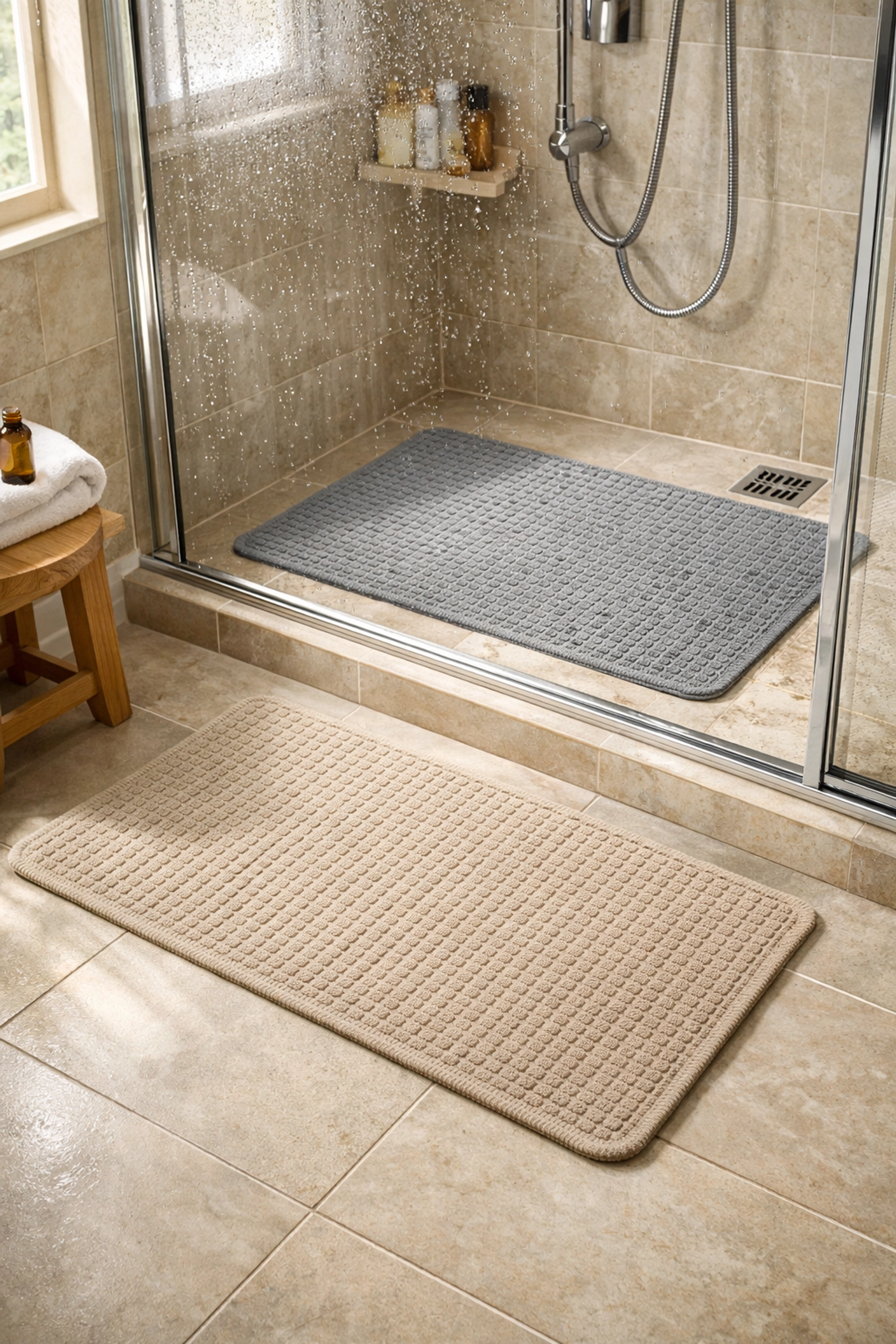 Non-slip bath mats in shower and on bathroom floor for fall prevention