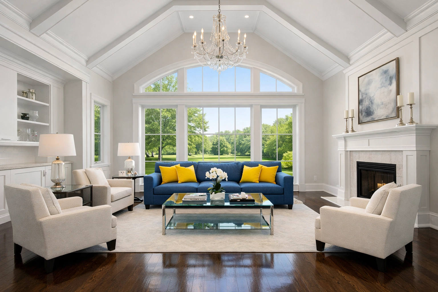 Perfectly polished luxury living room following a complete post-construction cleaning service in Holliston.