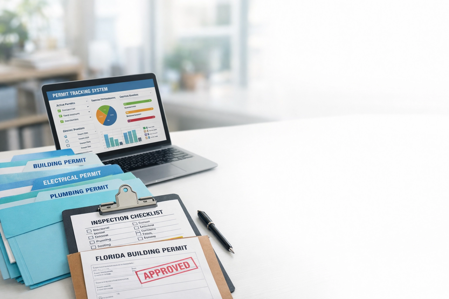 Organized Florida building permit documents and tracking system on inspector's desk