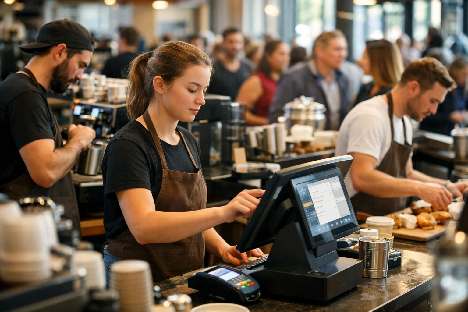 Busy UK café during morning rush with staff using multiple POS terminals efficiently