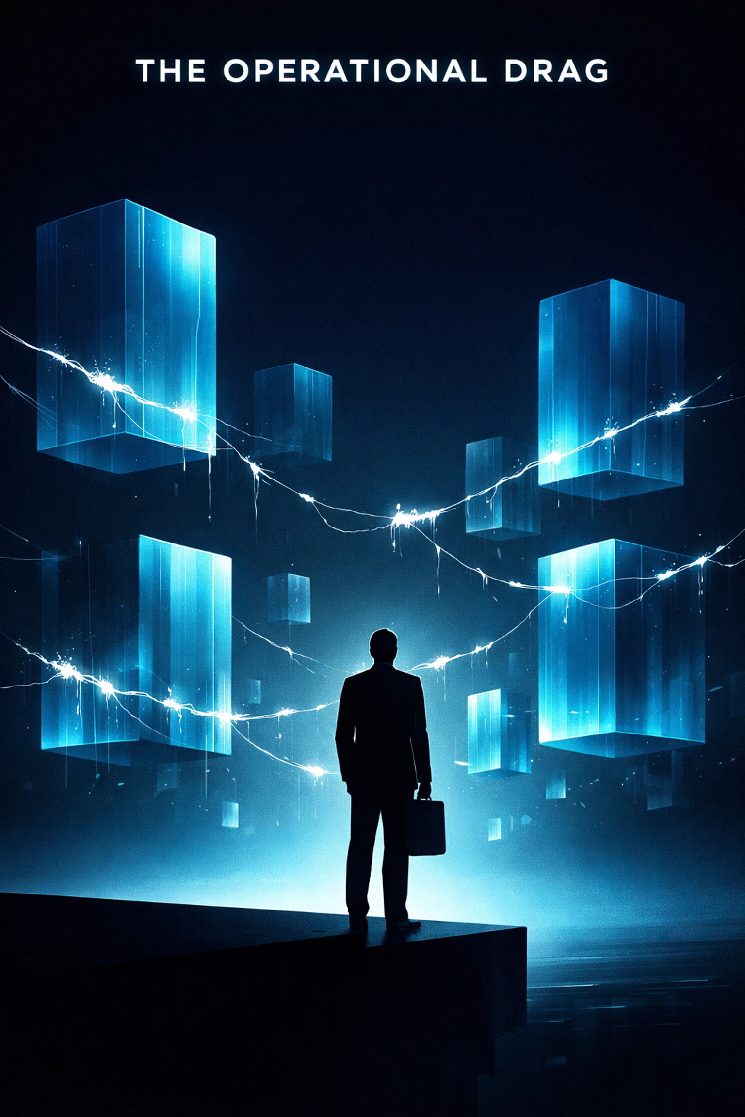 Professional silhouette viewing fragmented data silos and disconnected business systems causing operational drag.