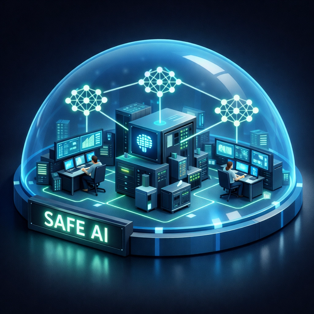 A secure AI command center under a protective digital dome, representing managed and safe AI integration.