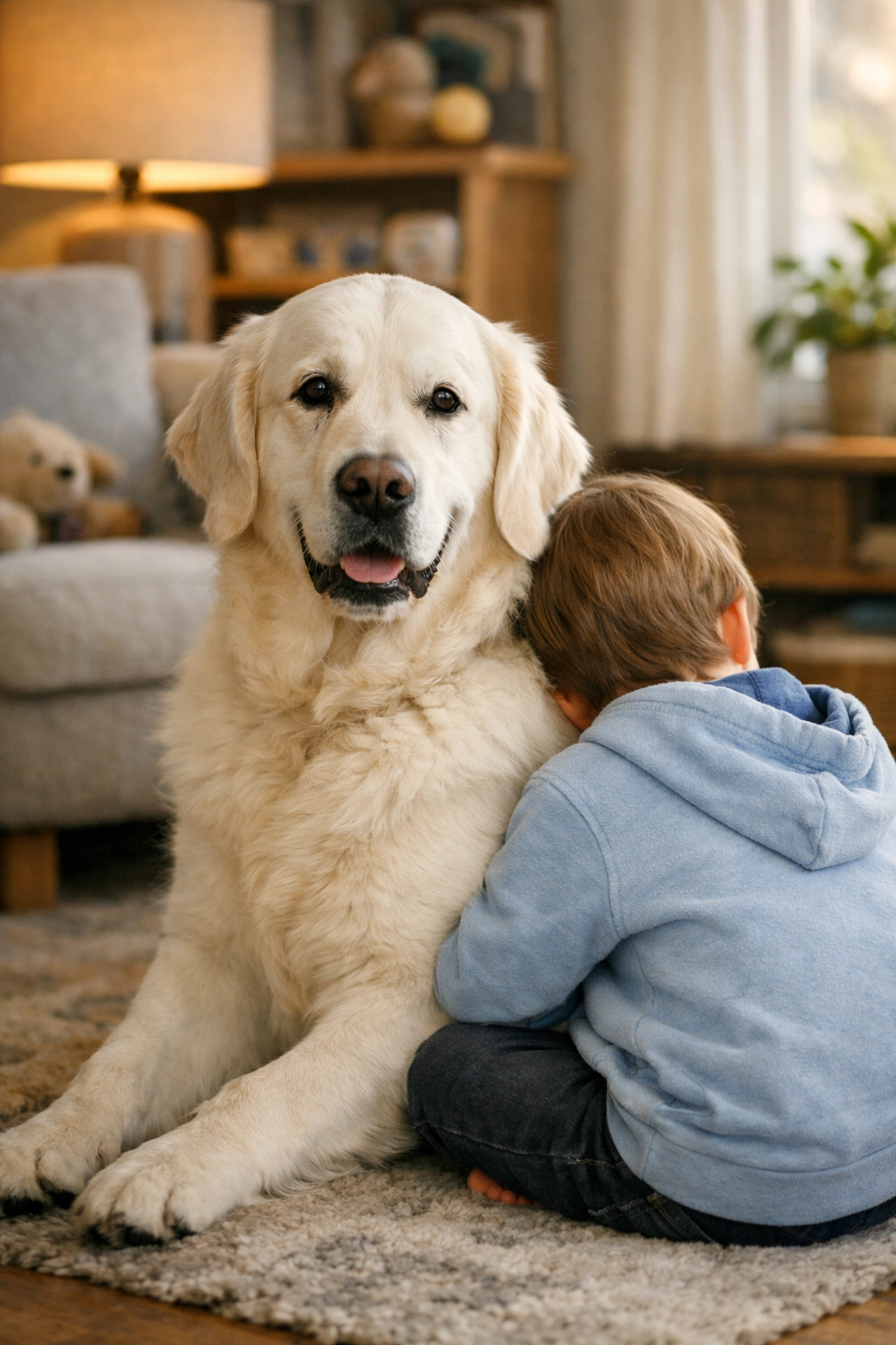Calm English Cream Golden Retriever therapy dog sitting beside child in treatment session