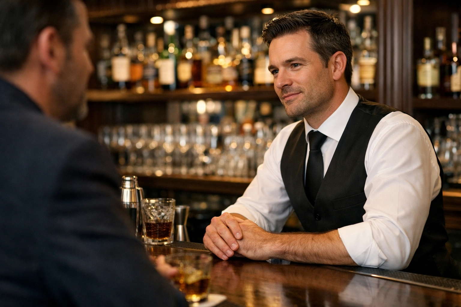 A professional bartender interacting with a guest to maintain high operational standards and safety.