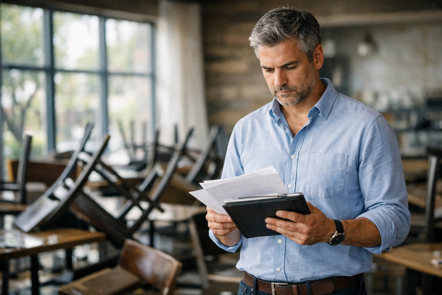 Restaurant owner assessing hurricane damage and planning recovery with tablet in dining room
