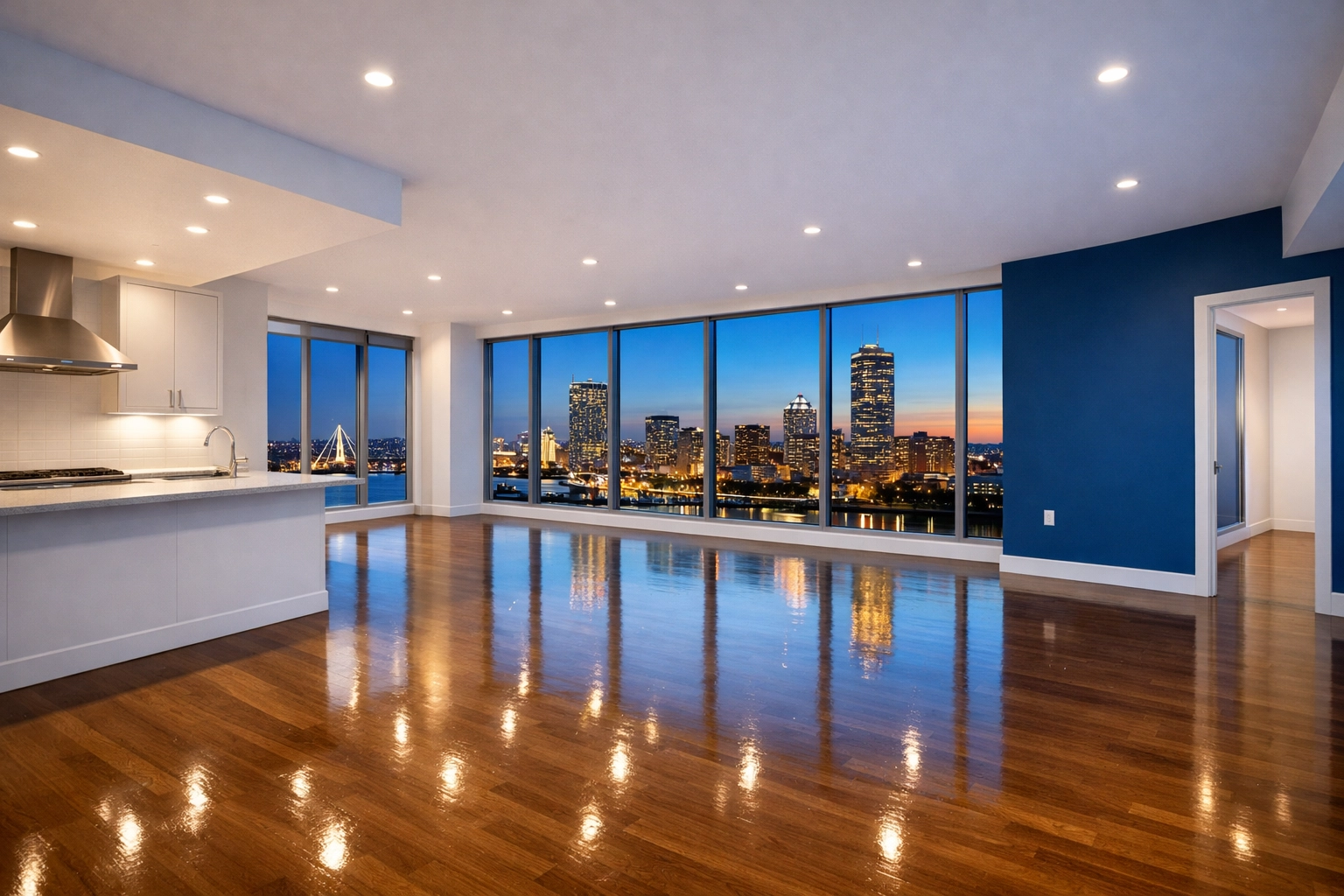 Spotless empty luxury apartment overlooking the city after a professional move-in cleaning in Boston.