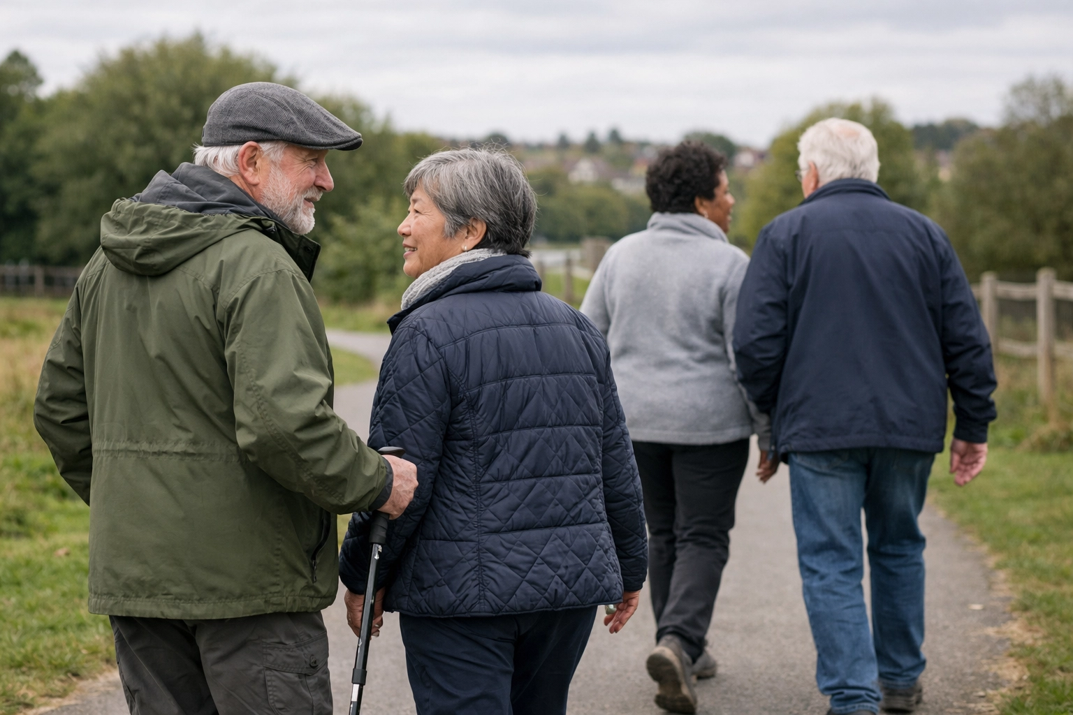 Adults walking in a UK park to stay active, a key part of respiratory care uk and copd management.