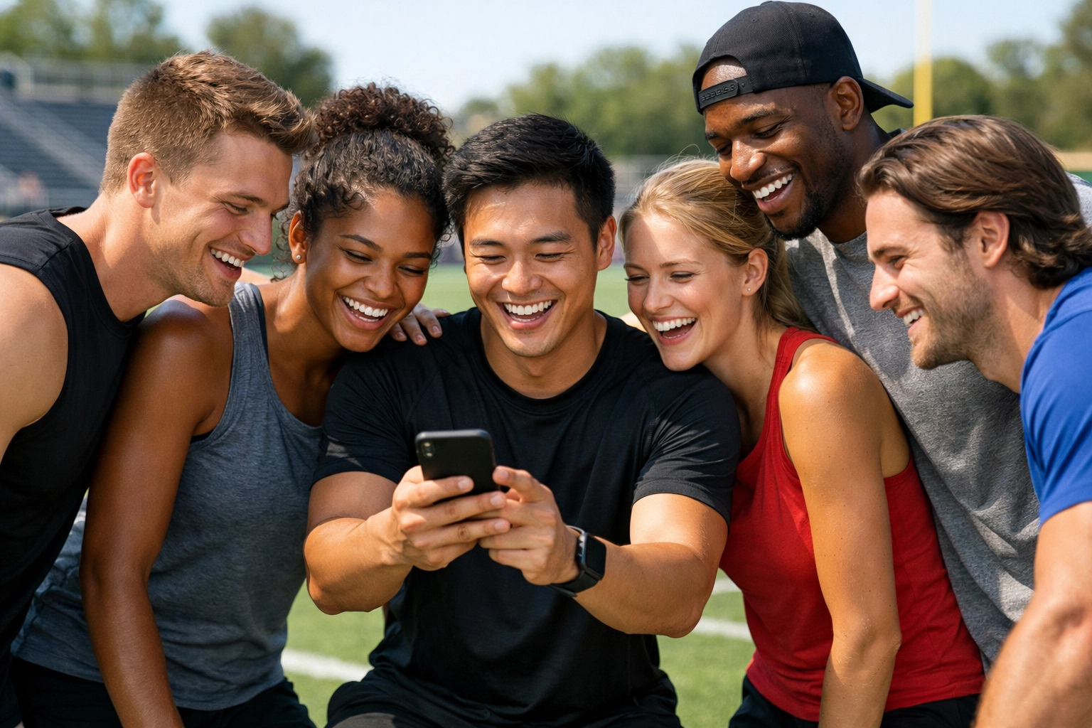 Group of diverse student-athletes on a training field collaborating on mobile social media content.