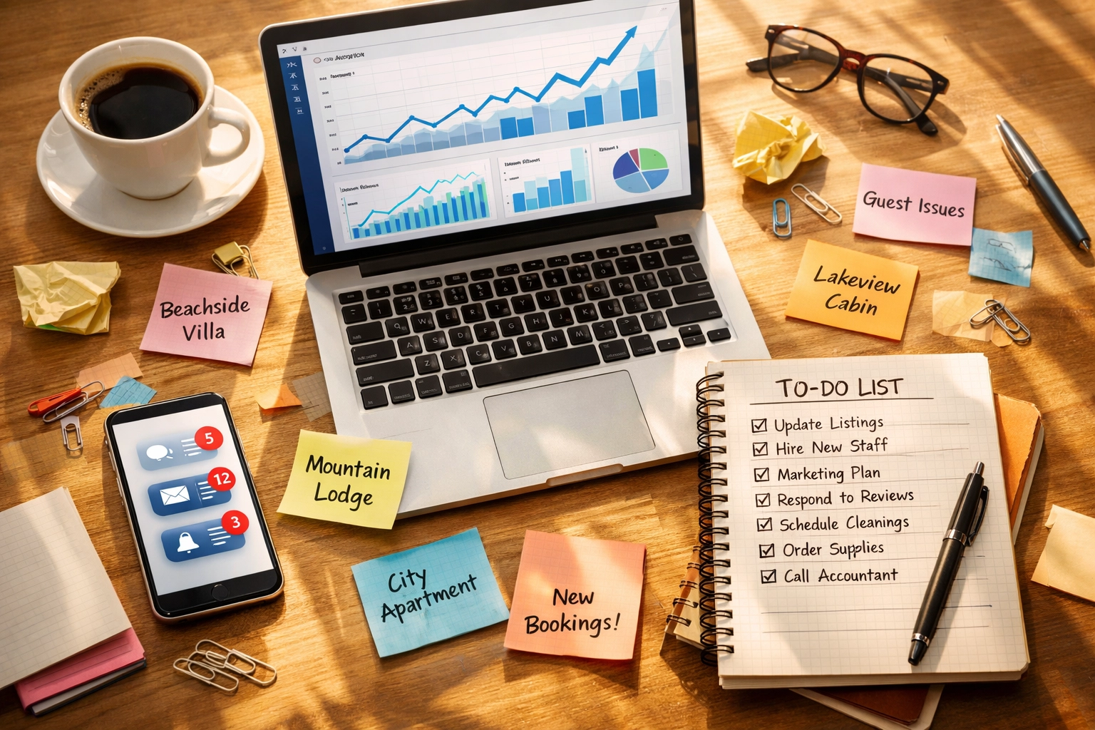 Travel business owner's desk with analytics dashboards showing the workload of scaling property management