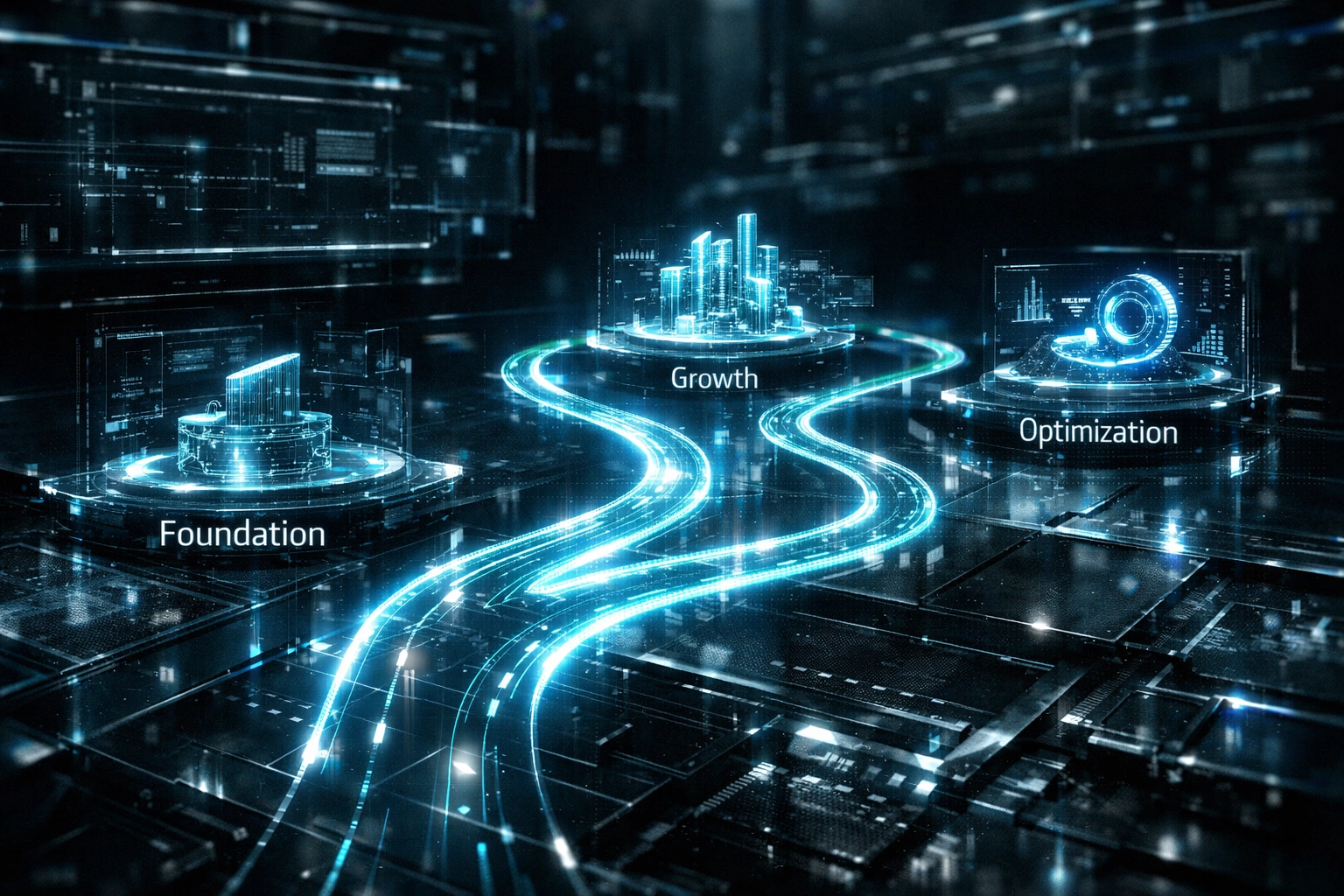 Dark cyber-glass holographic roadmap blueprint with a glowing digital path in teal and blue accents, representing a 12-month strategy plan