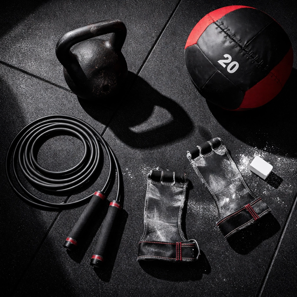 Essential CrossFit conditioning equipment including kettlebell, jump rope, and medicine ball on gym flooring