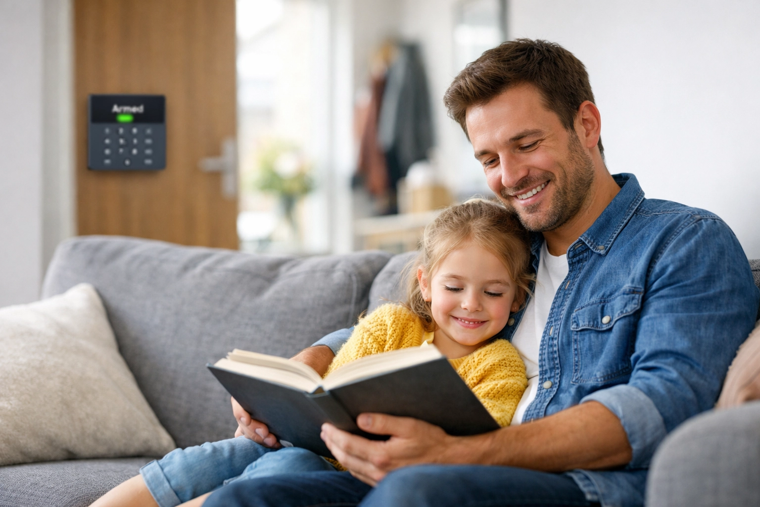 Family relaxing at home with a wall-mounted smart security keypad showing armed status.