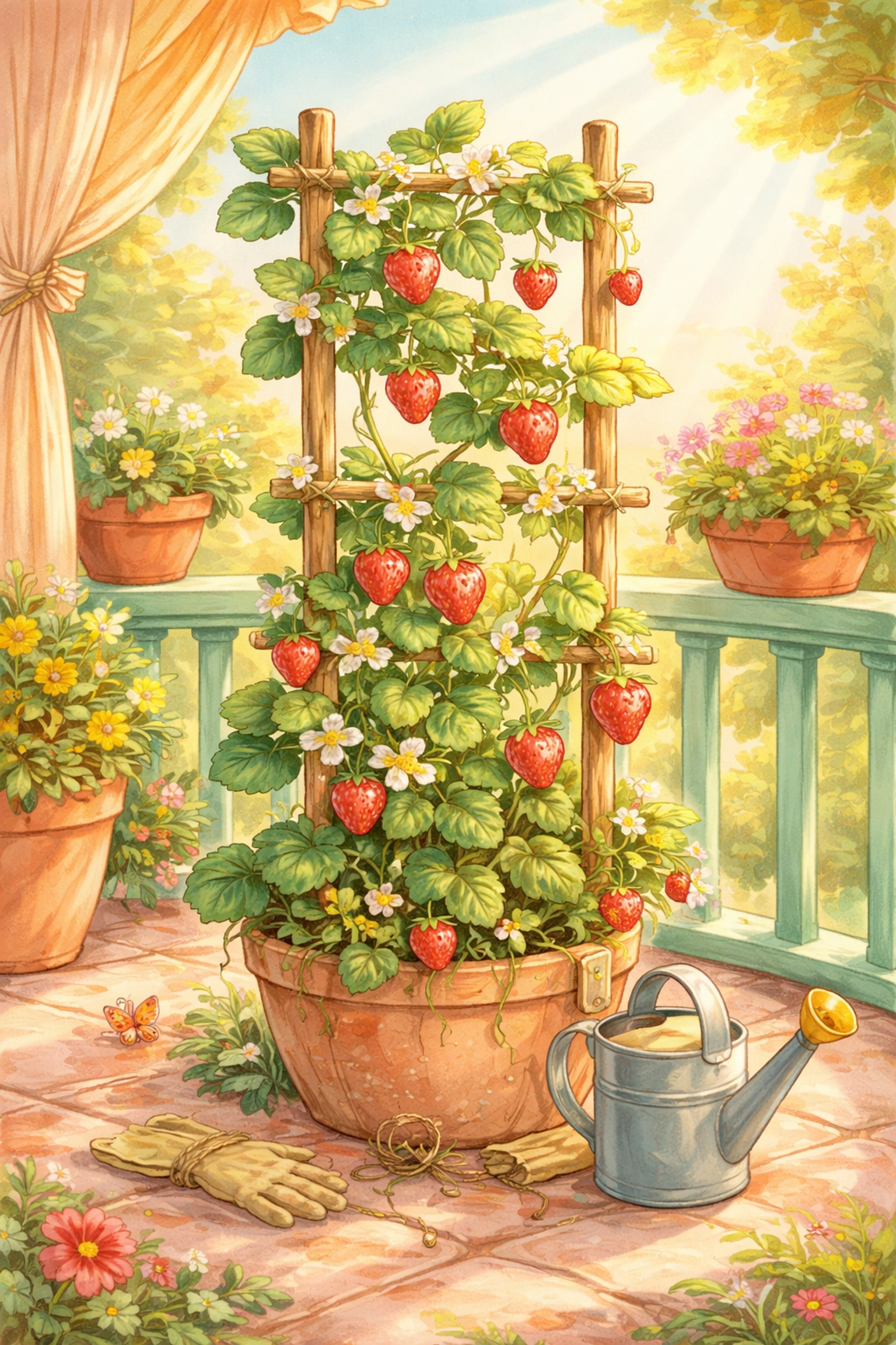 Hand-drawn illustration of a vertical strawberry garden on a balcony, showcasing stacked strawberry plants growing upward for small spaces.