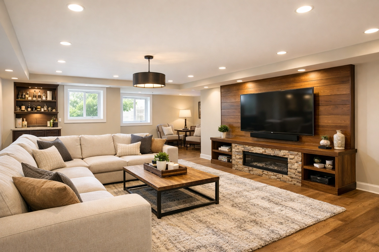 Finished basement living space with modern lighting and comfortable seating area