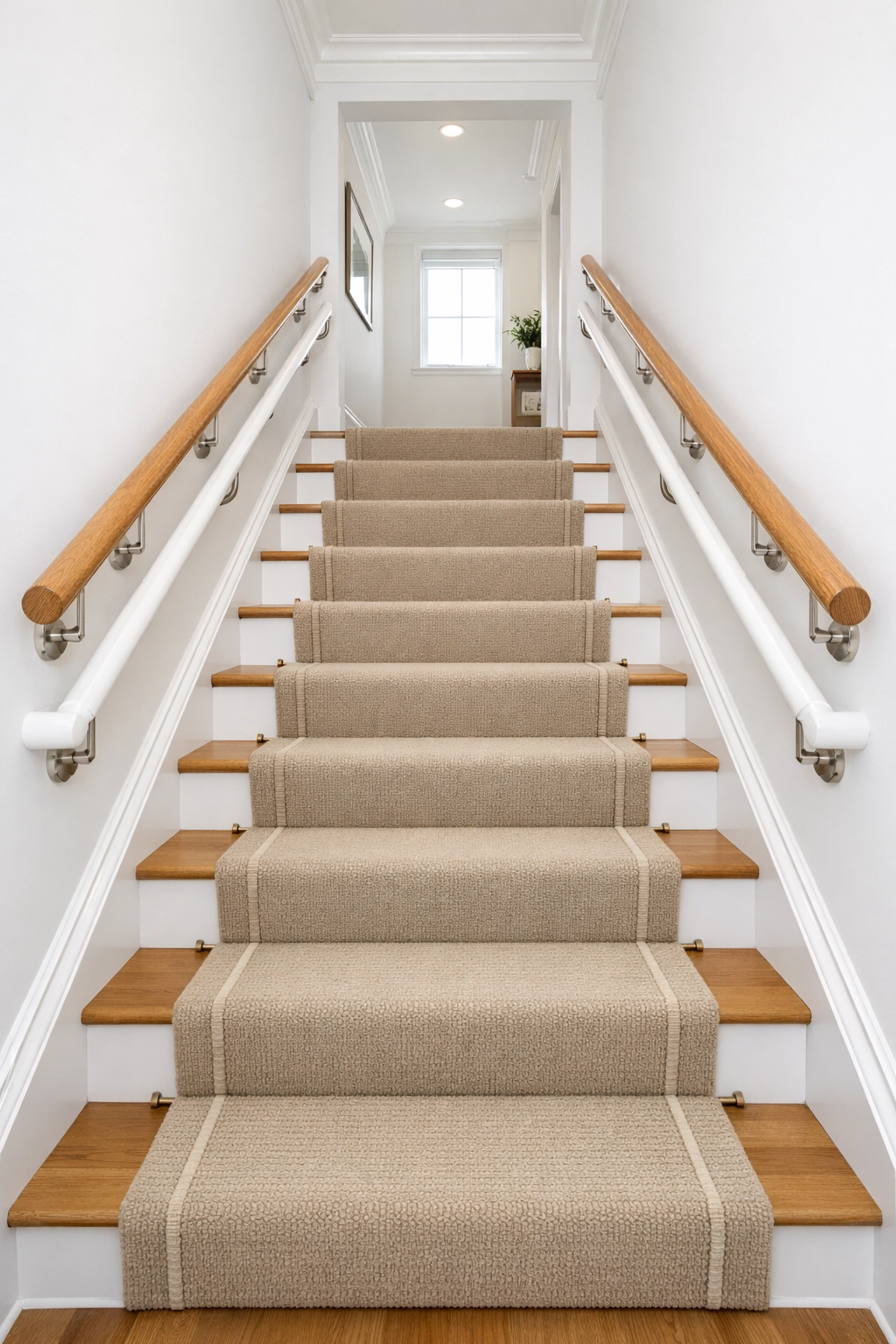 A well-maintained residential staircase featuring dual handrails and a clear, safe pathway.