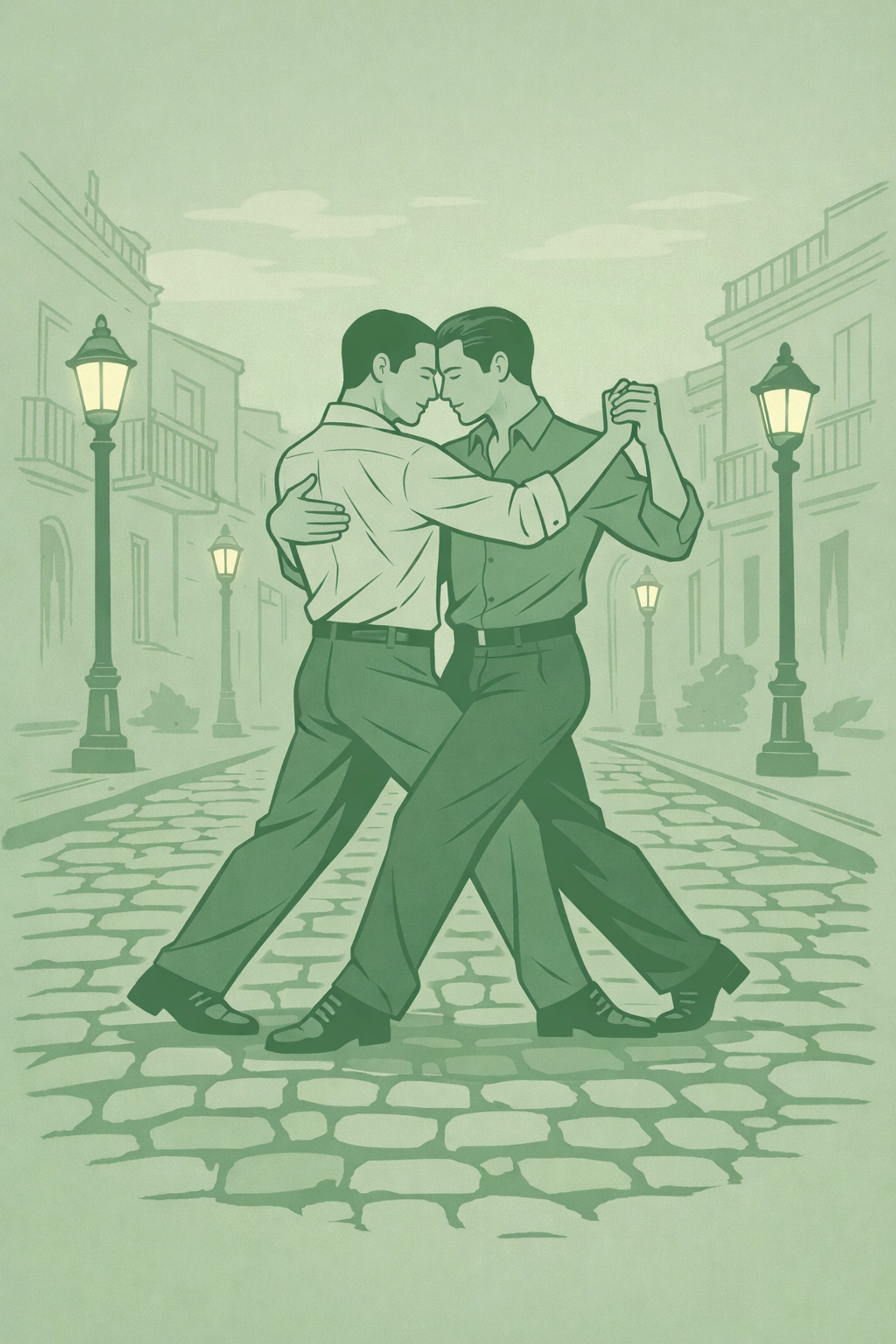 Male couple dancing tango on Buenos Aires cobblestone street - gay romance dance scene