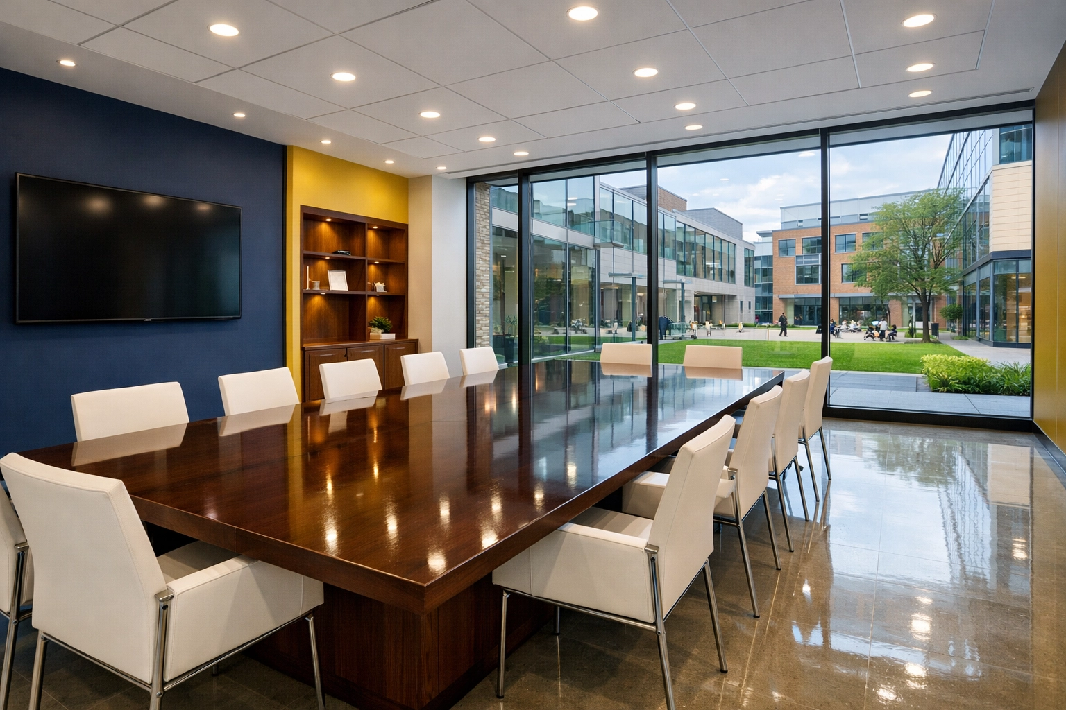 Spotless university seminar room in Cambridge showing professional commercial cleaning on polished surfaces.