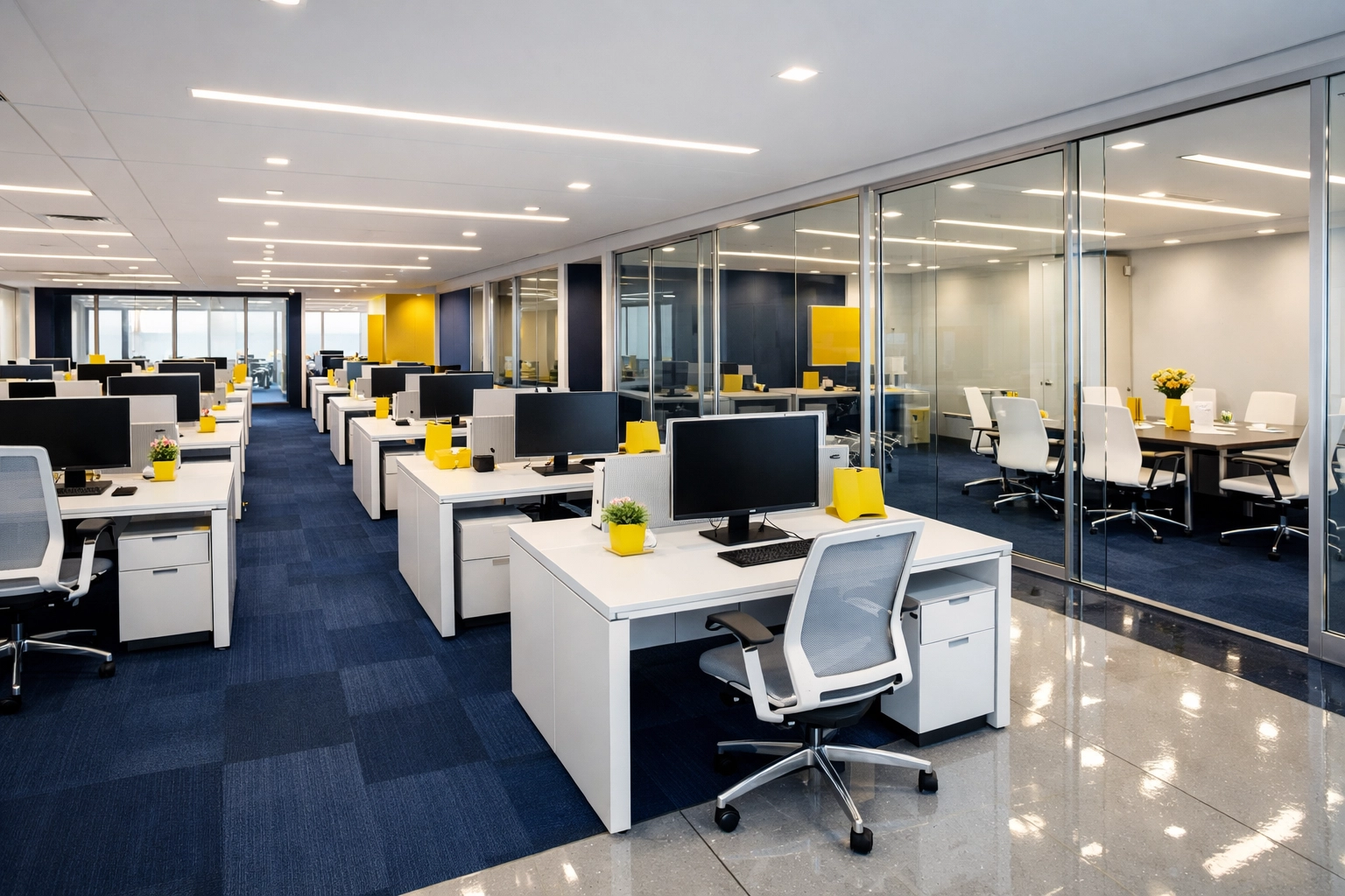 Immaculate Milford office cleaning results showing a pristine corporate workspace and organized desks.