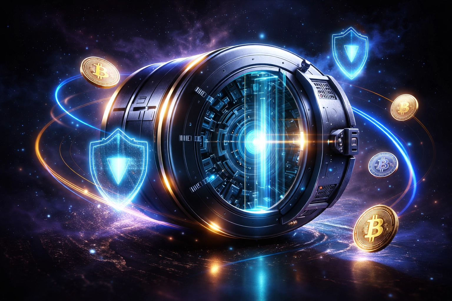 Futuristic digital vault with cryptocurrency coins illustrating Larecoin's secure, stable, LUSD-powered payment benefits