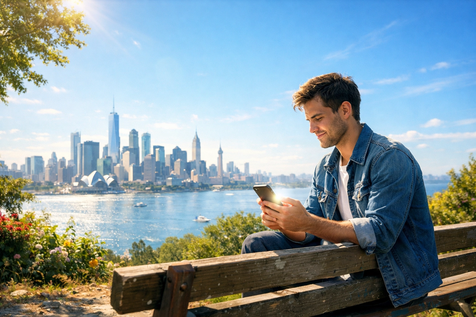 A man using a smartphone to connect with digital church services from a global city overlook.
