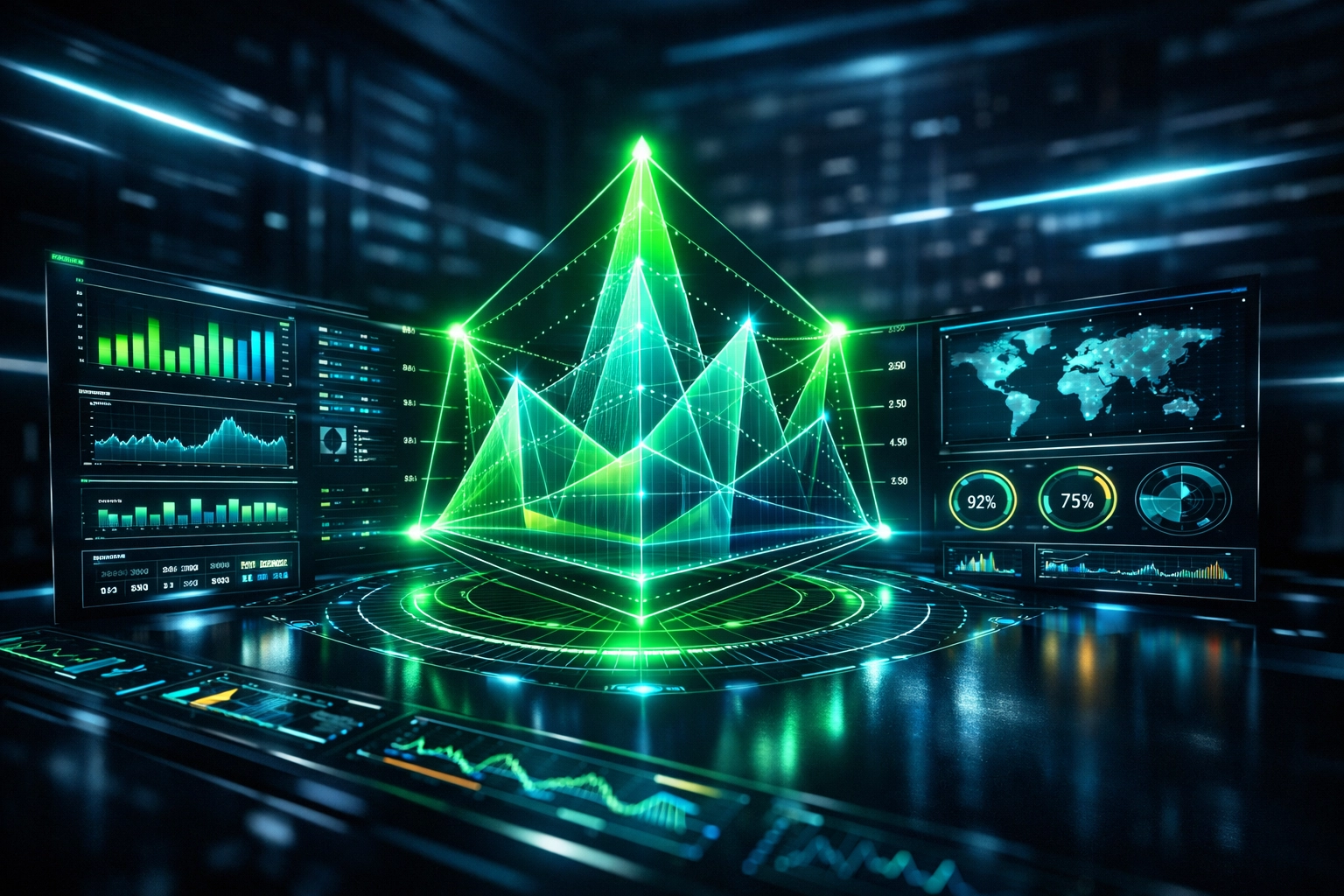 Futuristic data dashboard with performance charts for evaluating student career readiness.