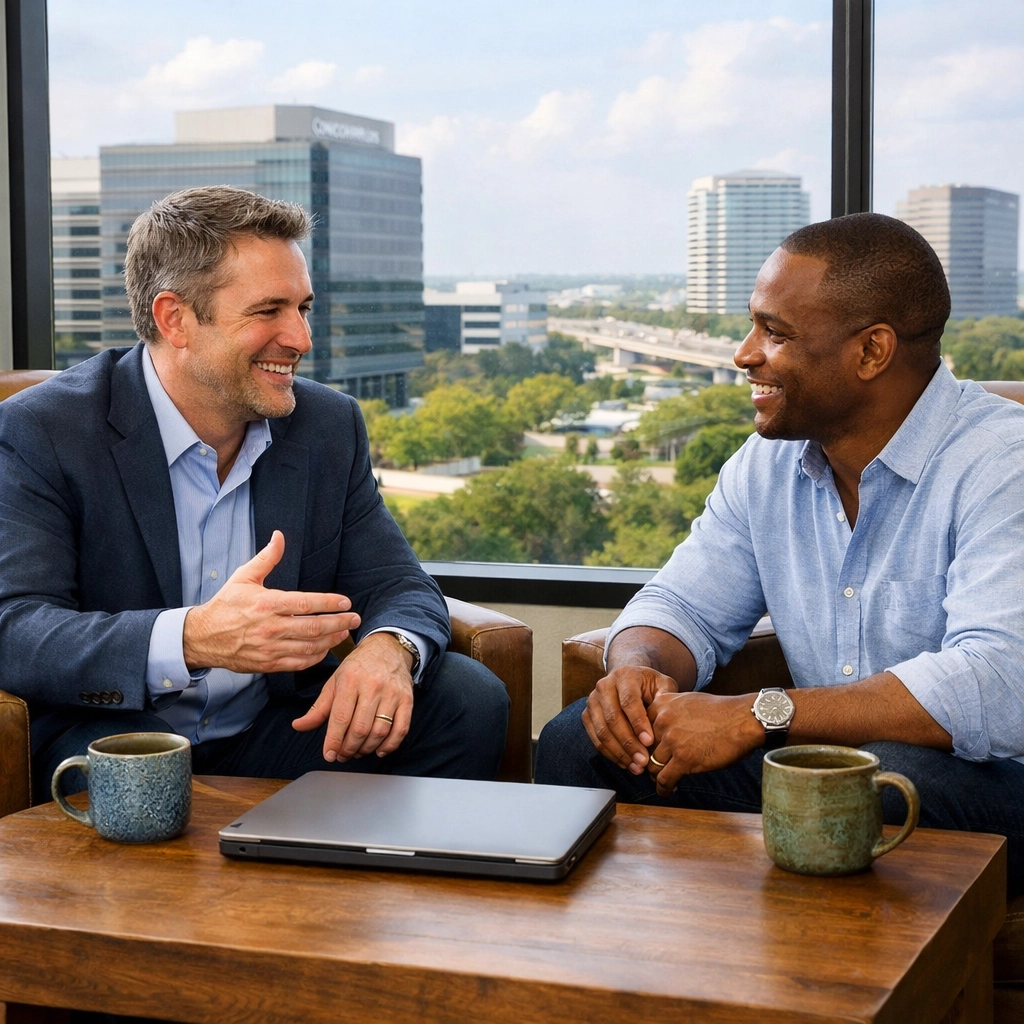 A professional consultation for a DSCR mortgage strategy in a bright Houston Energy Corridor office.