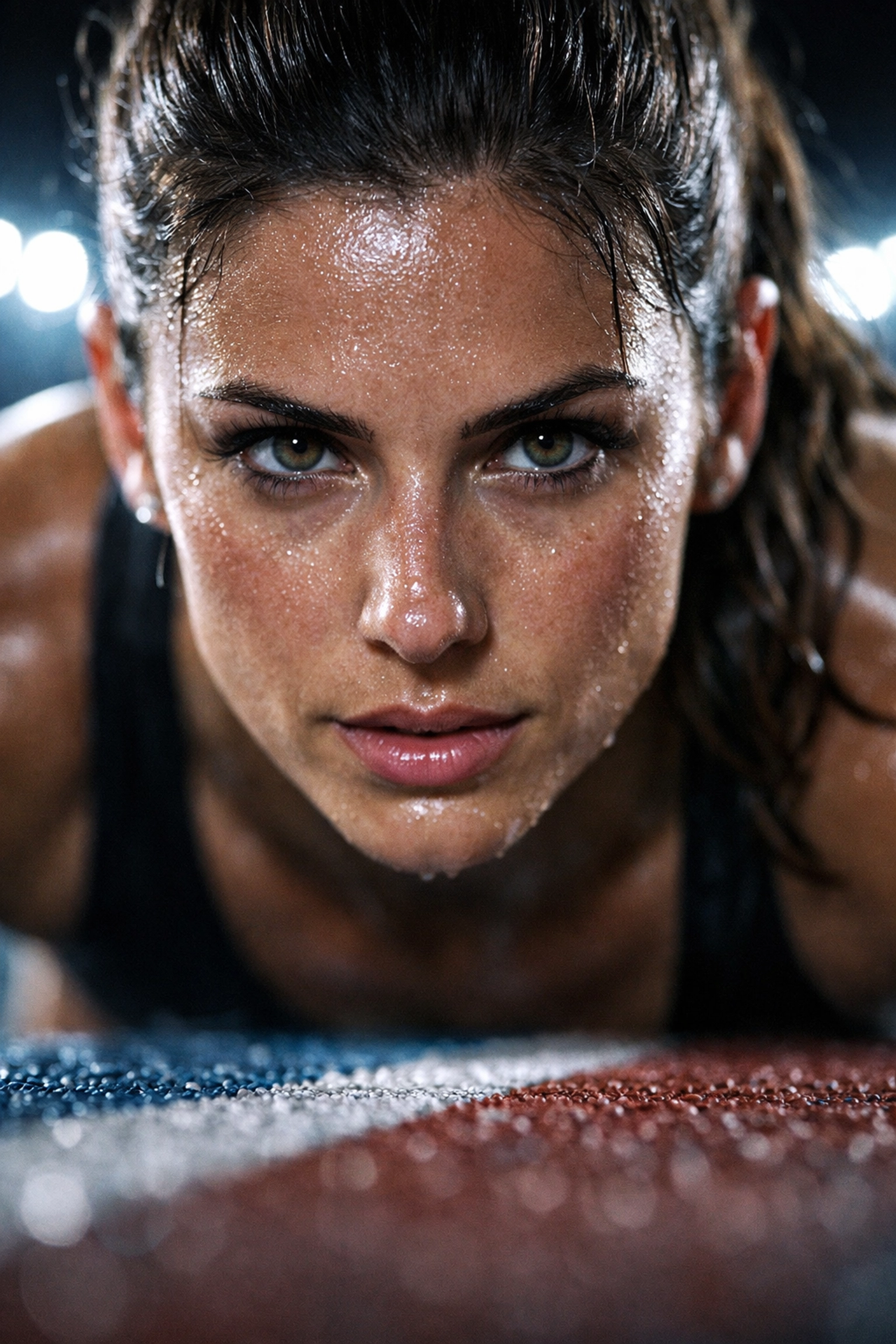 Intense close-up of a female sprinter at starting blocks, capturing the psychological focus required for peak performance.