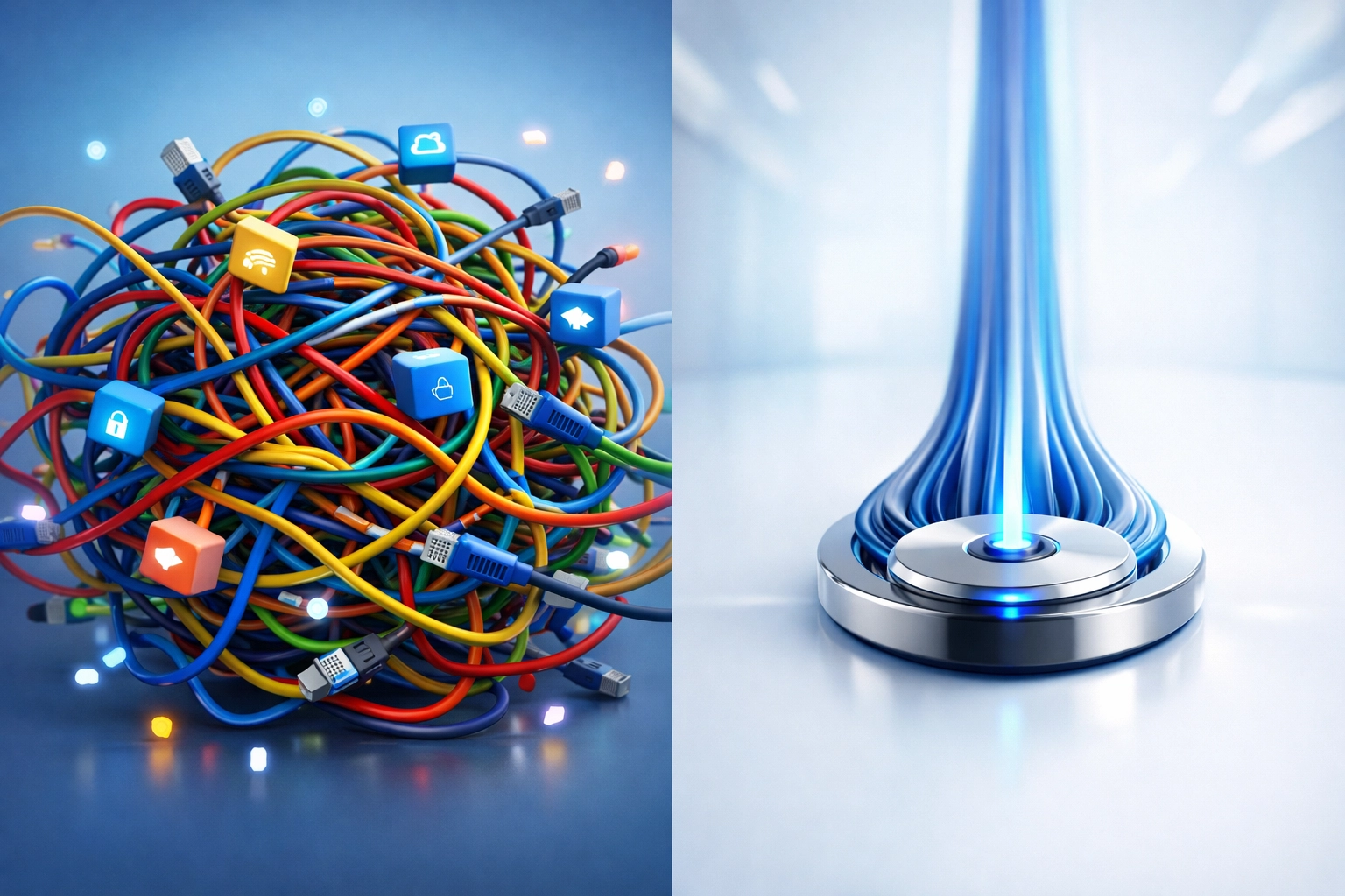 Visual comparison of chaotic vendor sprawl versus streamlined IT vendor consolidation