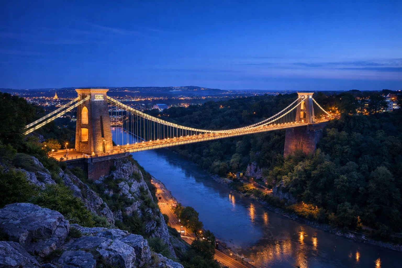The Clifton Suspension Bridge at night, highlighting our CCTV installation coverage across Bristol.