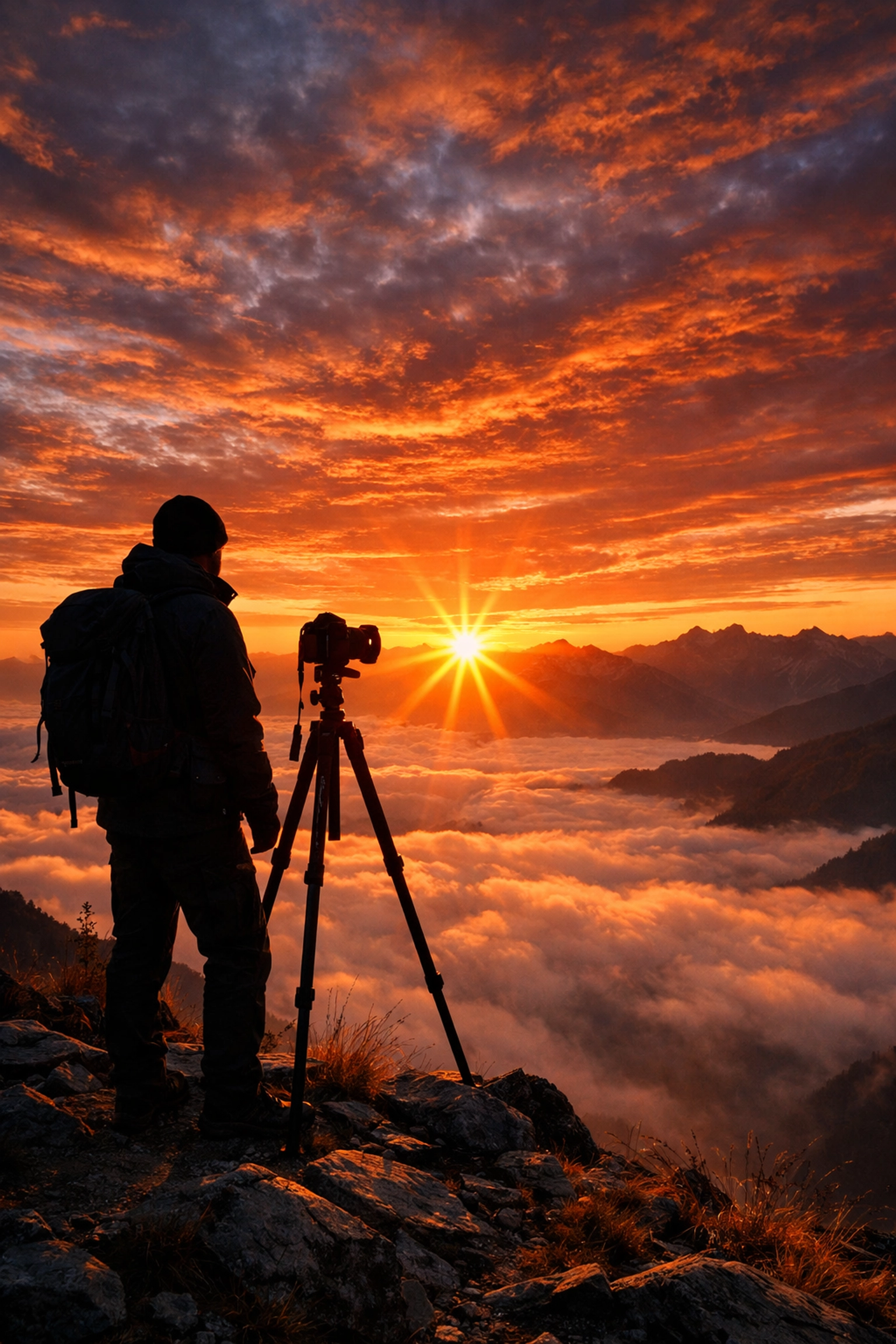 Photographer with a tripod on a mountain ridge at sunrise capturing a stunning landscape photography shot.