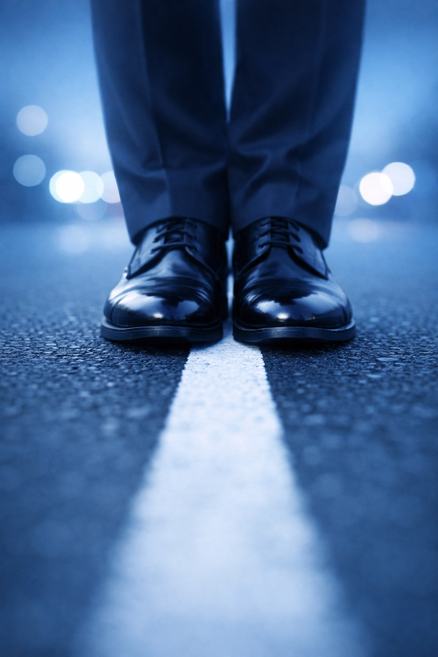 Close-up of dress shoes on a white line illustrating field sobriety test challenges in a Virginia Beach DUI case.