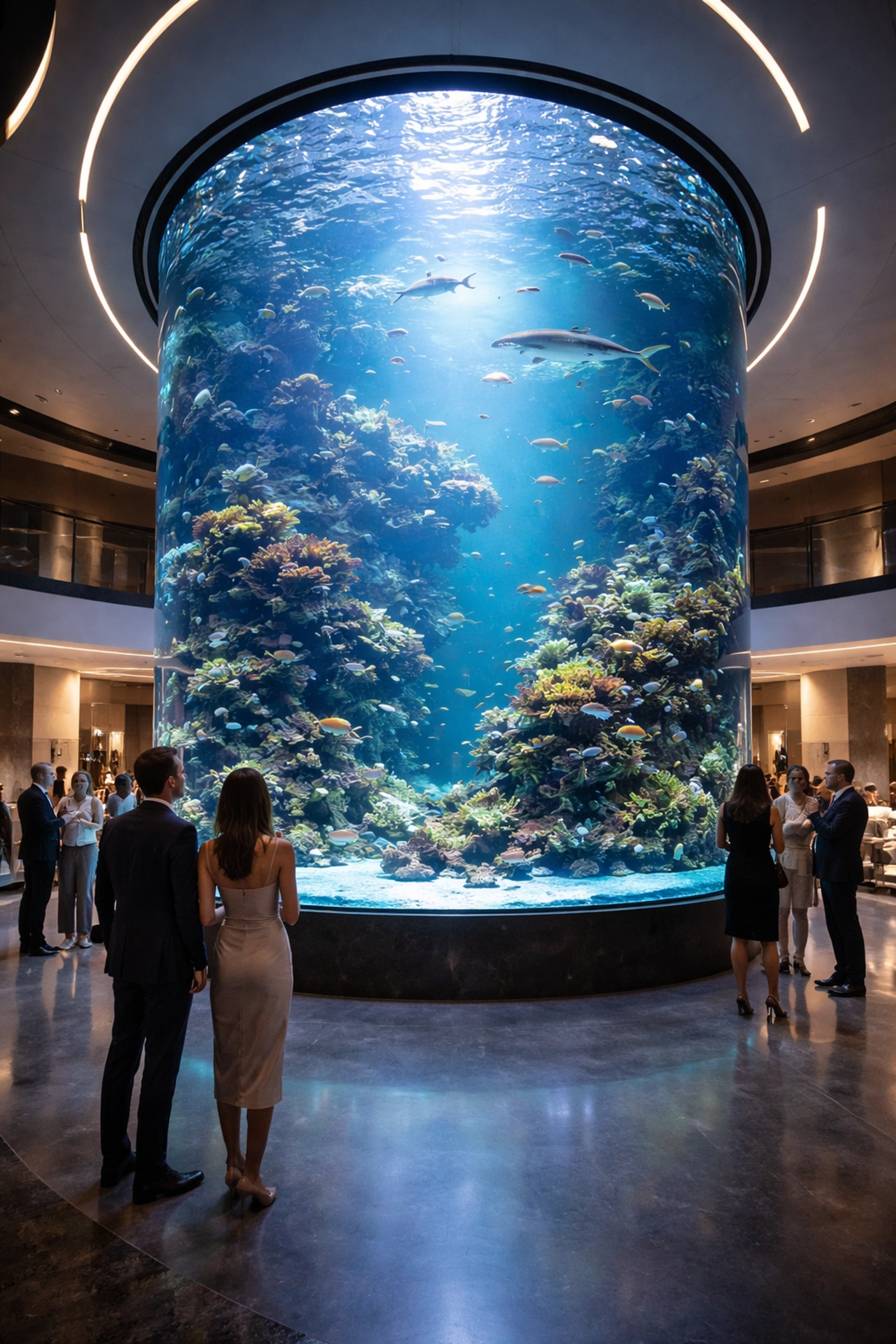 Visitors observe a large aquarium tank with tropical fish in a sophisticated venue, highlighting conservation partnerships.