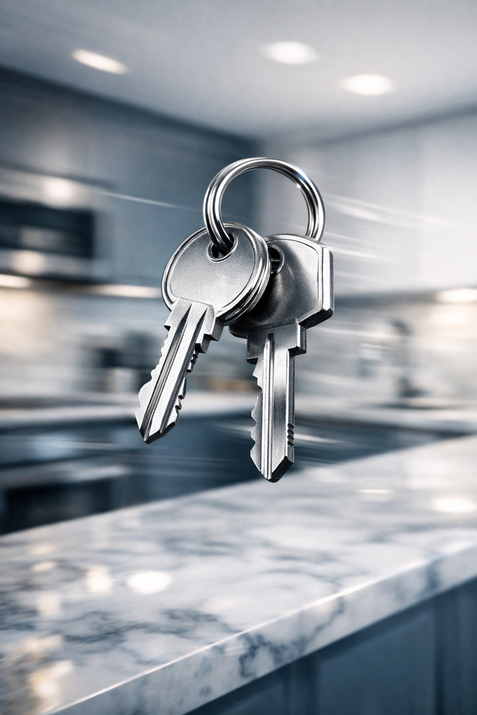 House keys suspended in a modern kitchen symbolizing fast closing and efficient mortgage funding.