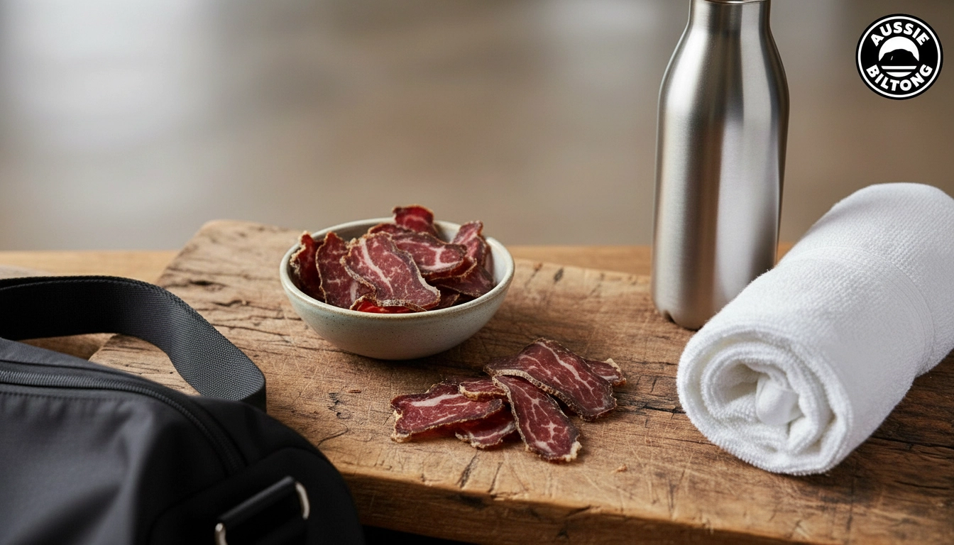 Post workout protein, high protein snacks, Australian beef biltong on rustic wooden board with gym towel and stainless steel bottle, bright natural light, clean minimal background, Aussie Biltong logo top right, healthy meat snacks, biltong nutrition, benefits of biltong