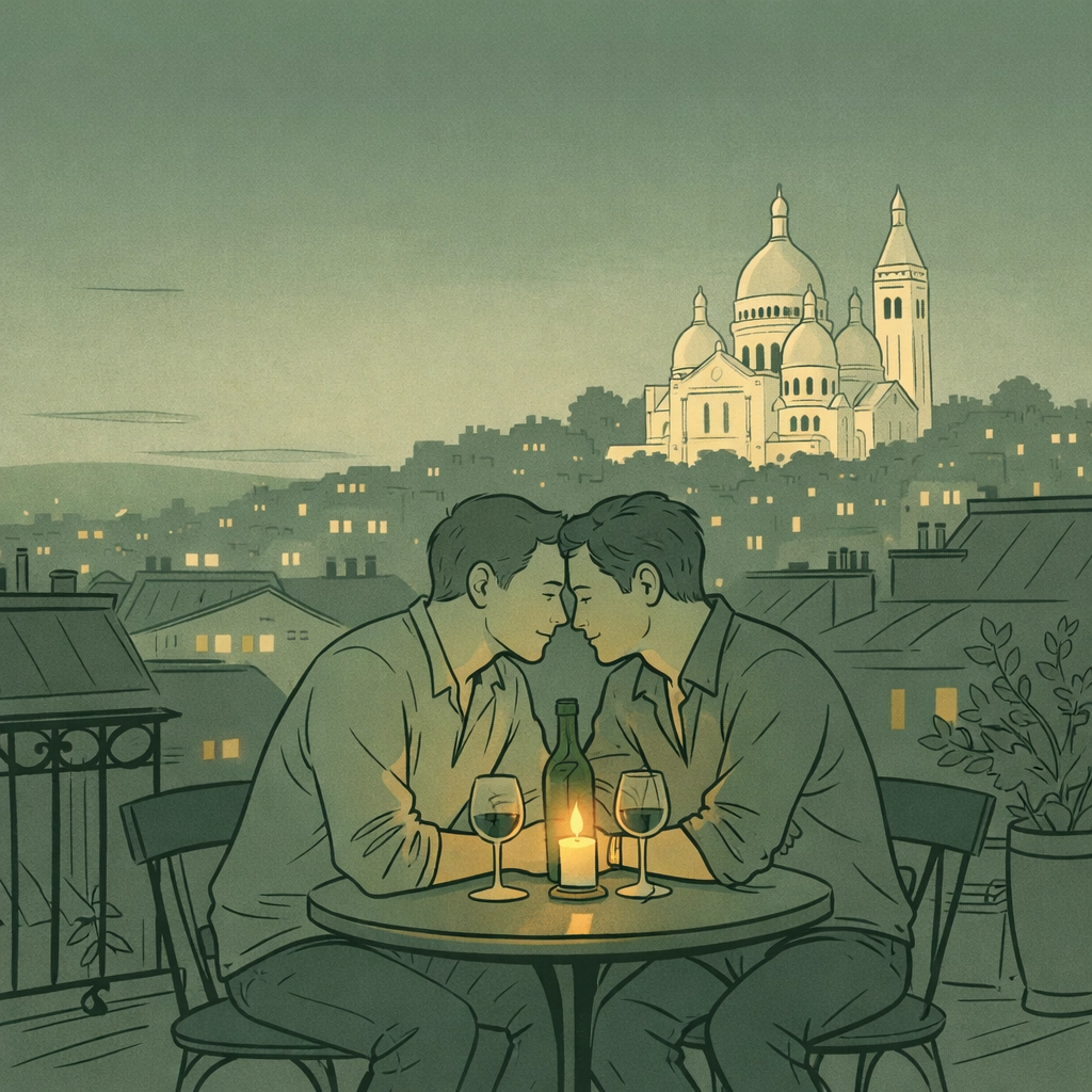 Gay couple enjoying intimate Valentine's dinner on Montmartre rooftop with Sacré-Cœur view in Paris