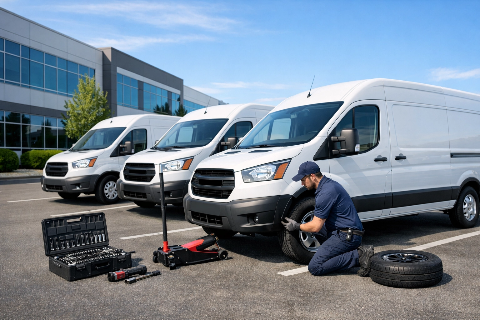 Mobile mechanic performing a tire rotation on commercial delivery vans in a Green Bay business park.