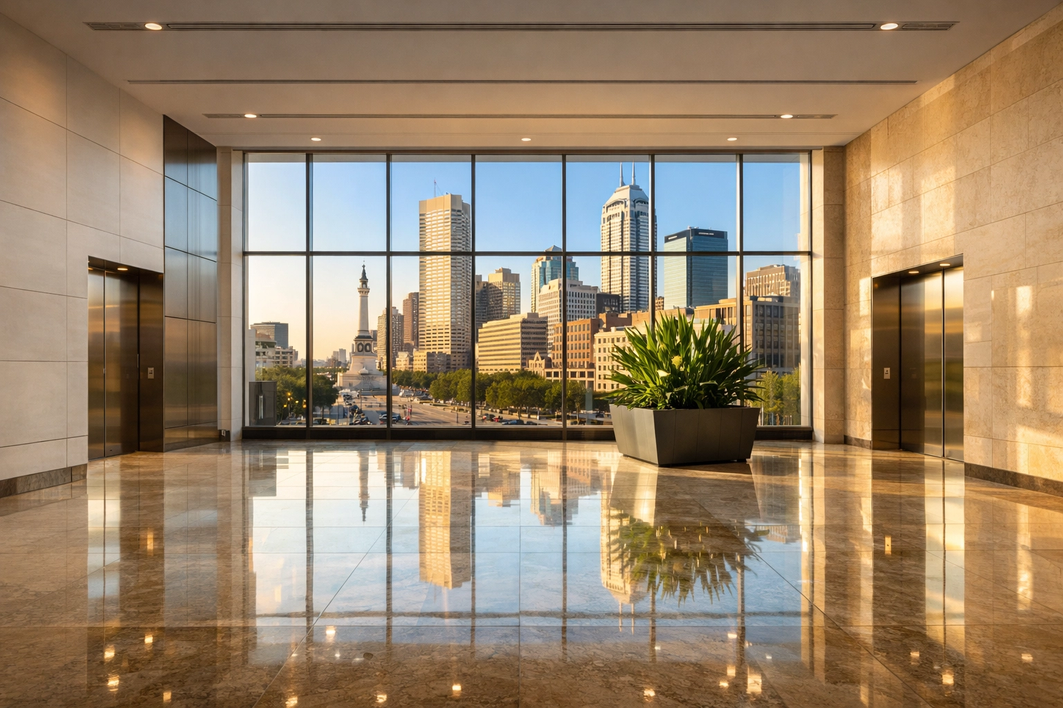 Polished marble floors in a sunlit Indianapolis commercial office lobby.