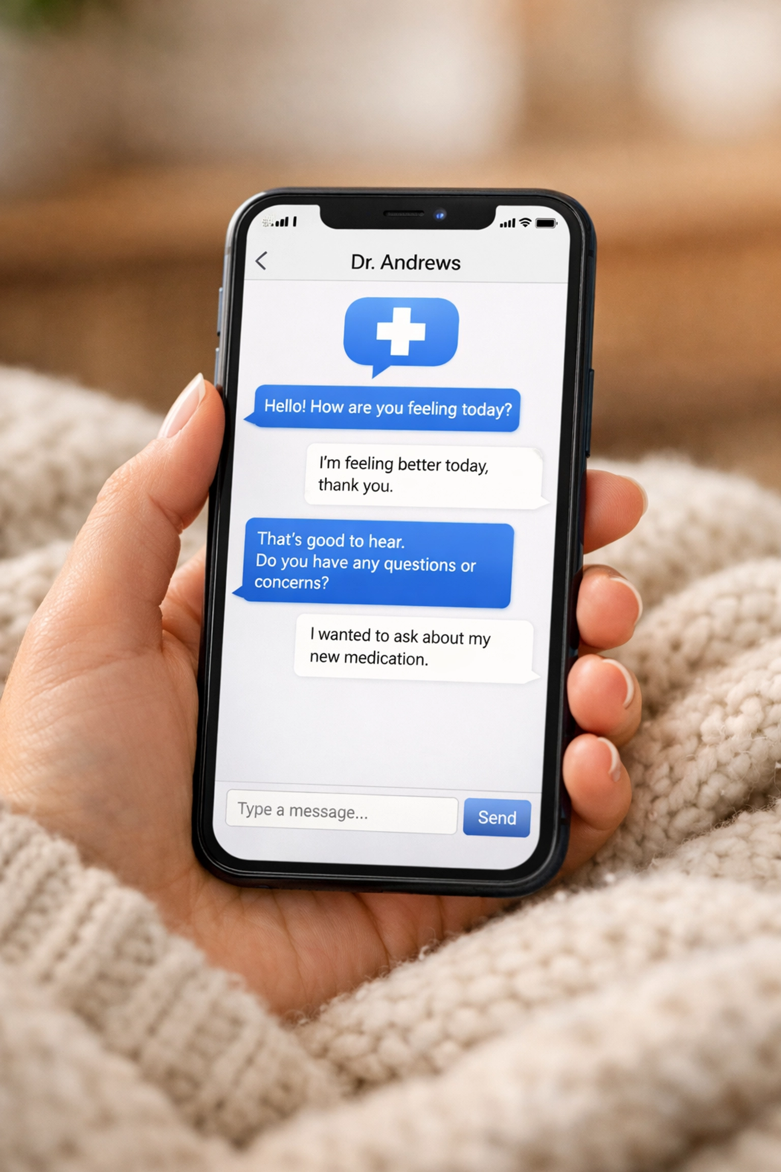 Close-up of a secure online medical chat on a smartphone, showing 24/7 text-based doctor consultation from home.