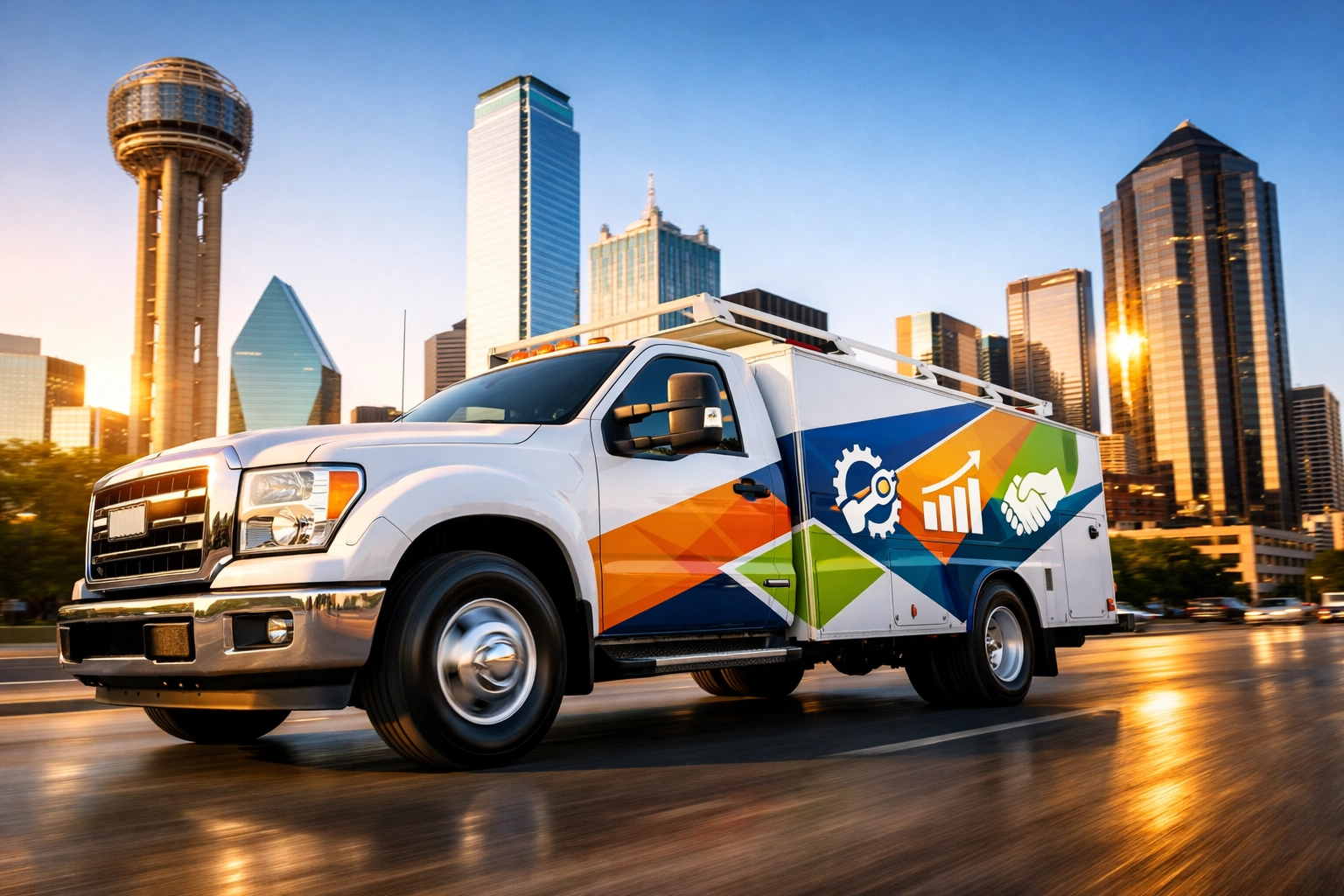 Service truck with professional partial decal wrap acting as a mobile billboard for a DFW brand.