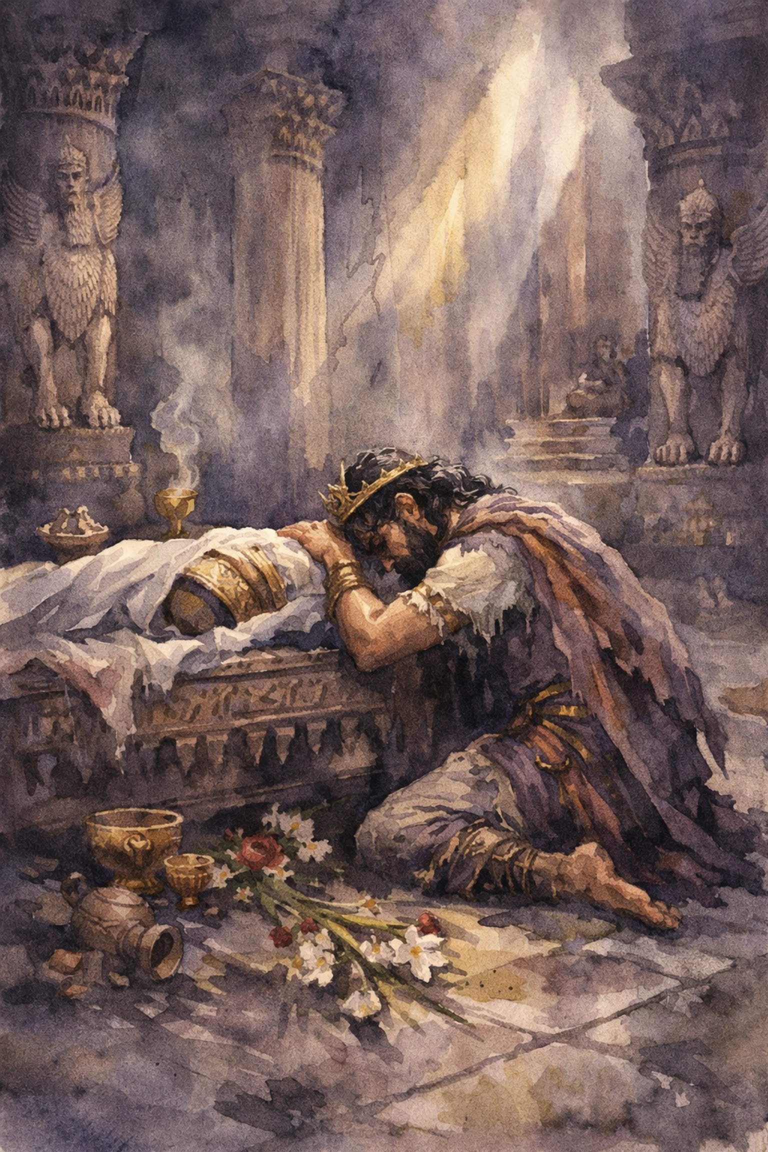 Gilgamesh grieves Enkidu's death in ancient temple - male love and loss in early LGBTQ+ literature