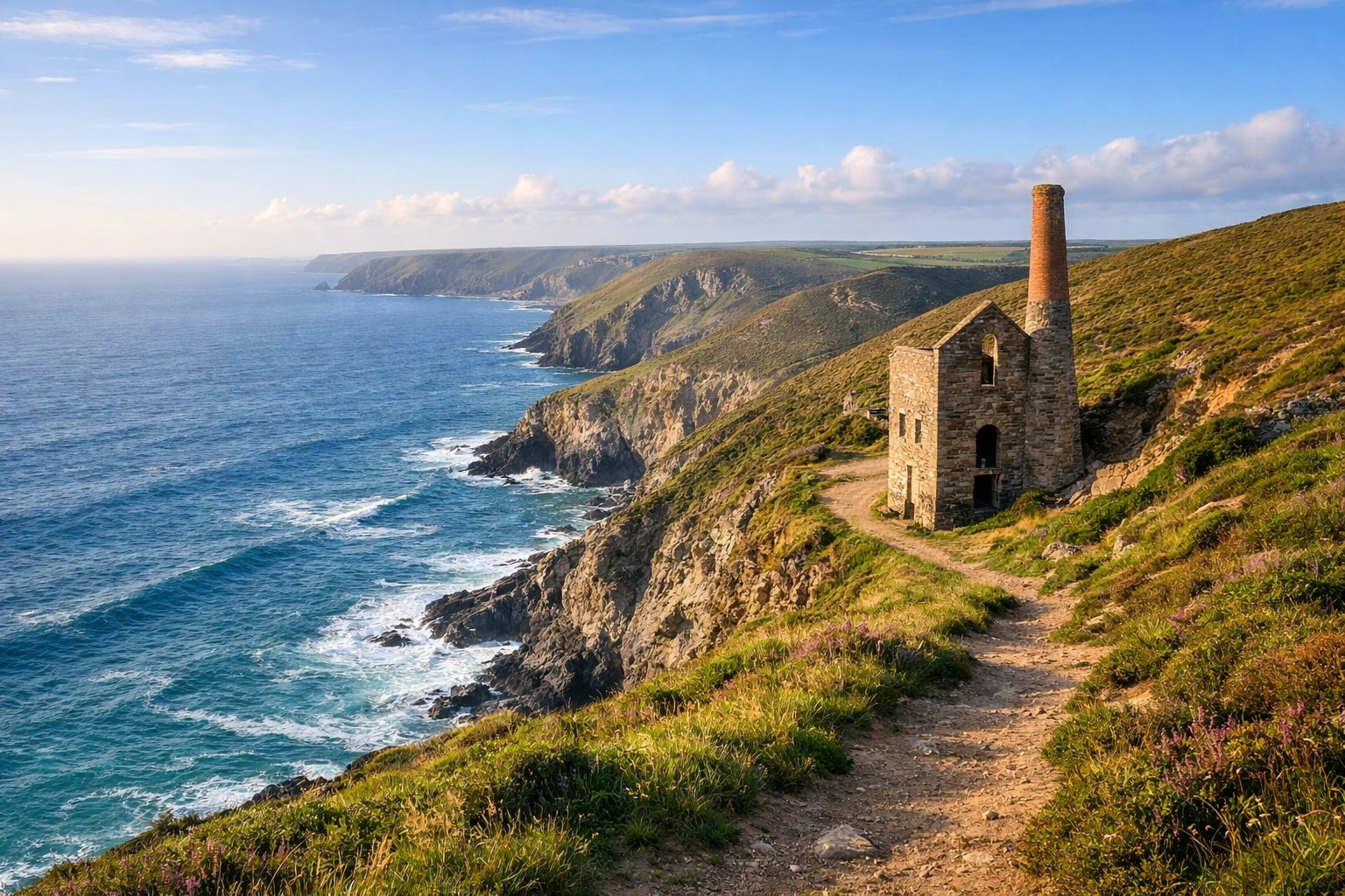 Clifftop coastal path from Porthtowan to Chapel Porth with historic engine house