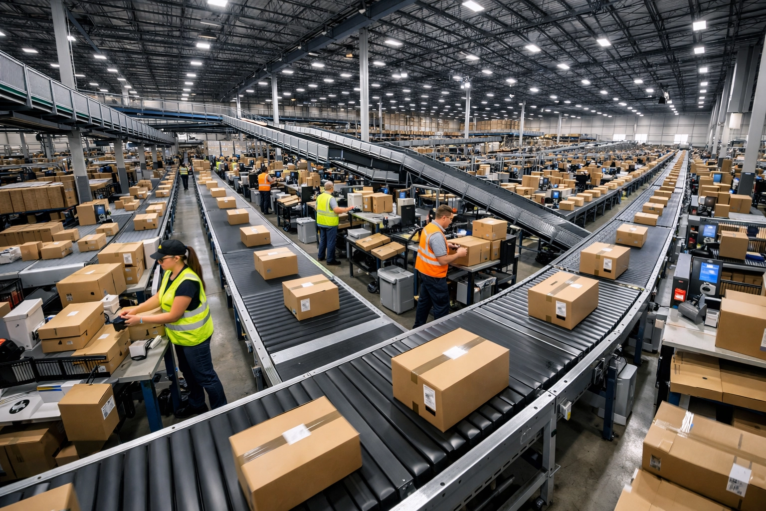 Automated conveyor systems at a facility providing high-volume outsourced fulfillment services.