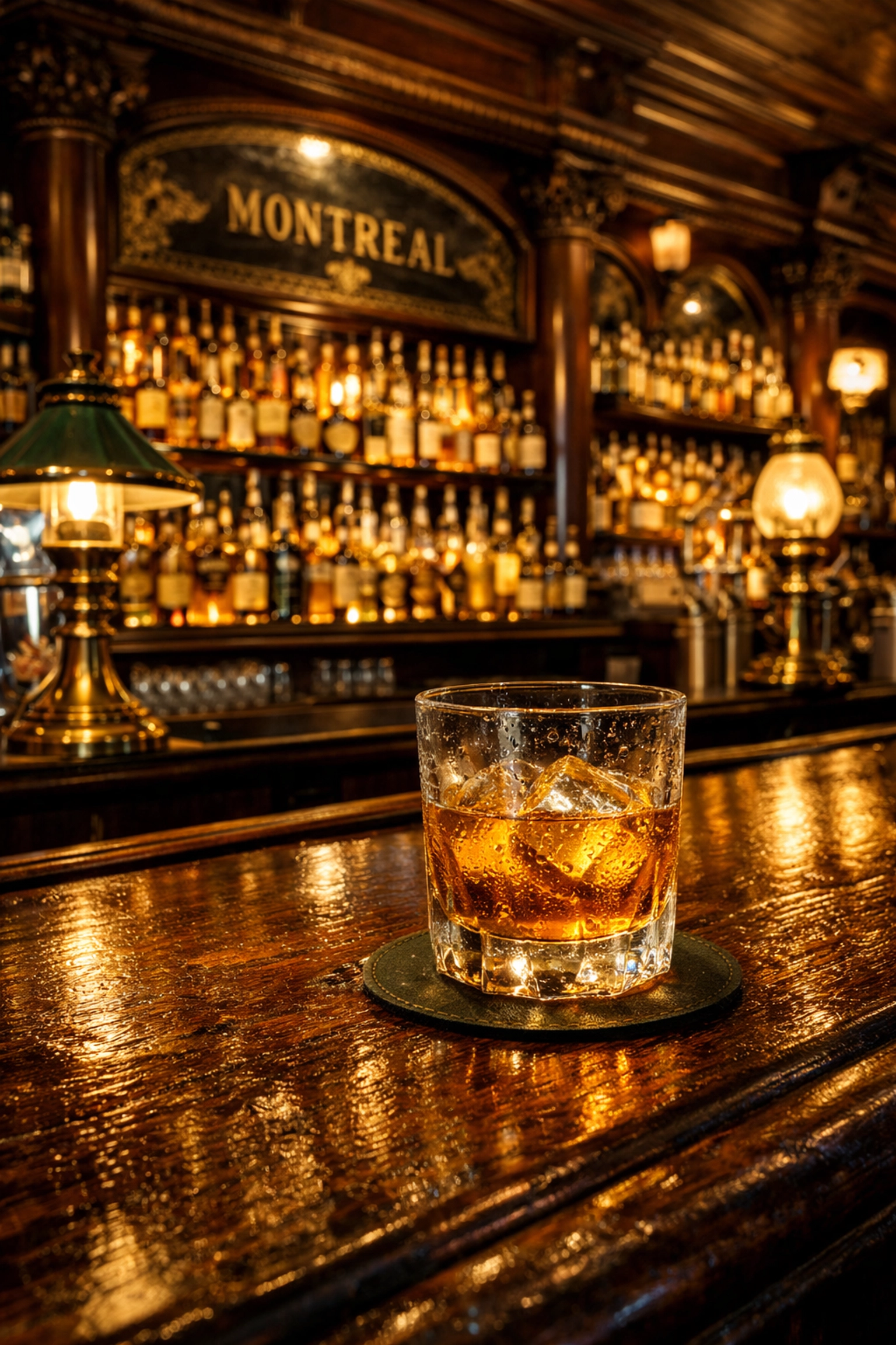 Traditional dark wood interior of a Montreal Irish pub featuring a bar stocked with premium whiskey bottles.