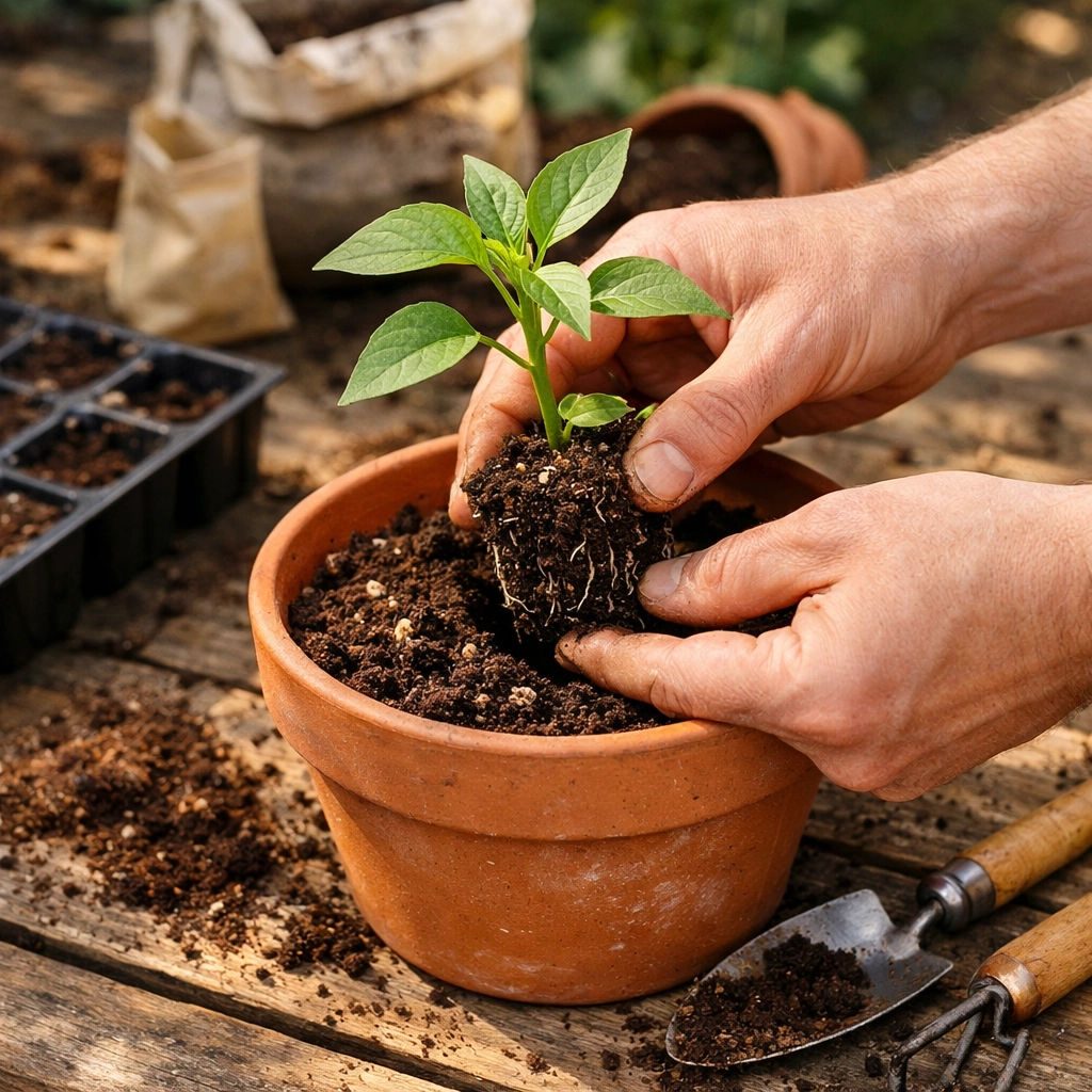 Transplanting a young jalapeno seedling from cell tray into a larger pot