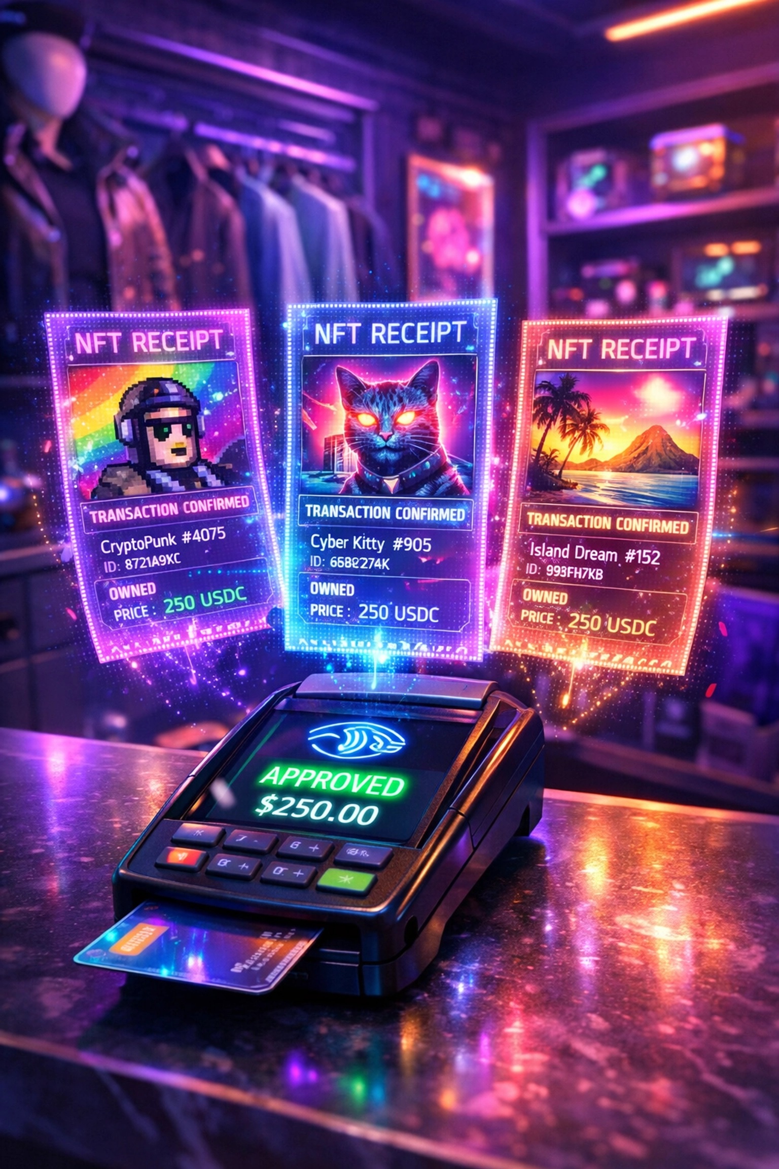 NFT receipt technology at crypto POS terminal showing innovative merchant payment solutions