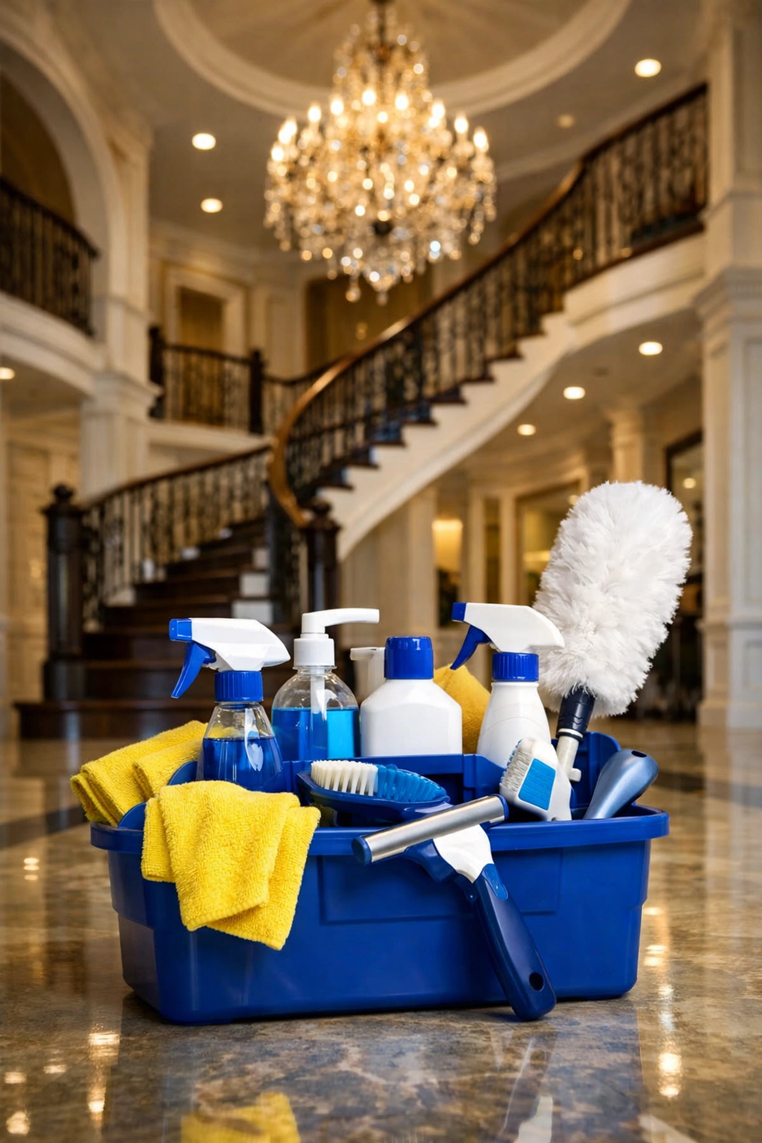 Professional cleaning supplies ready for luxury house cleaning in a grand Weston mansion foyer.