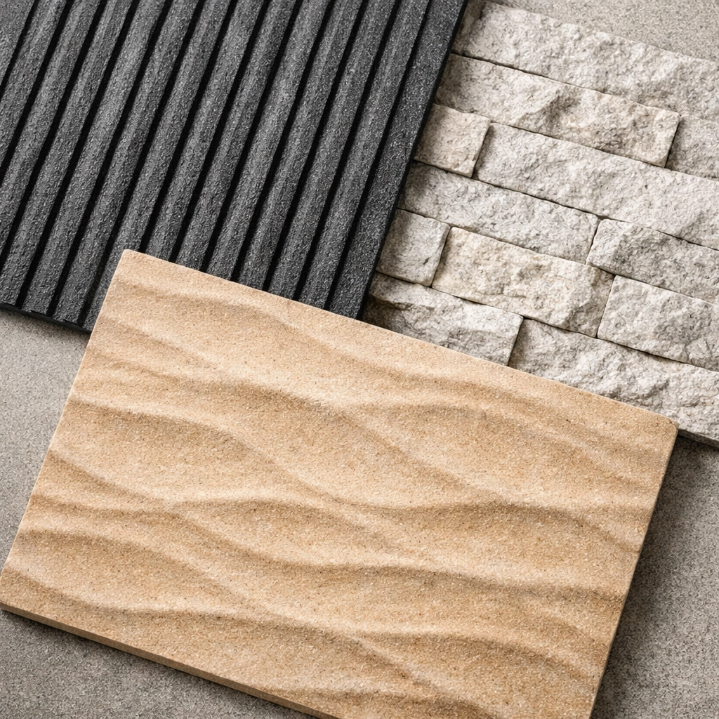 Textured samples of MS Line, Muretto, and Oasis Stone eco-friendly wall panels showing realistic stone finishes.