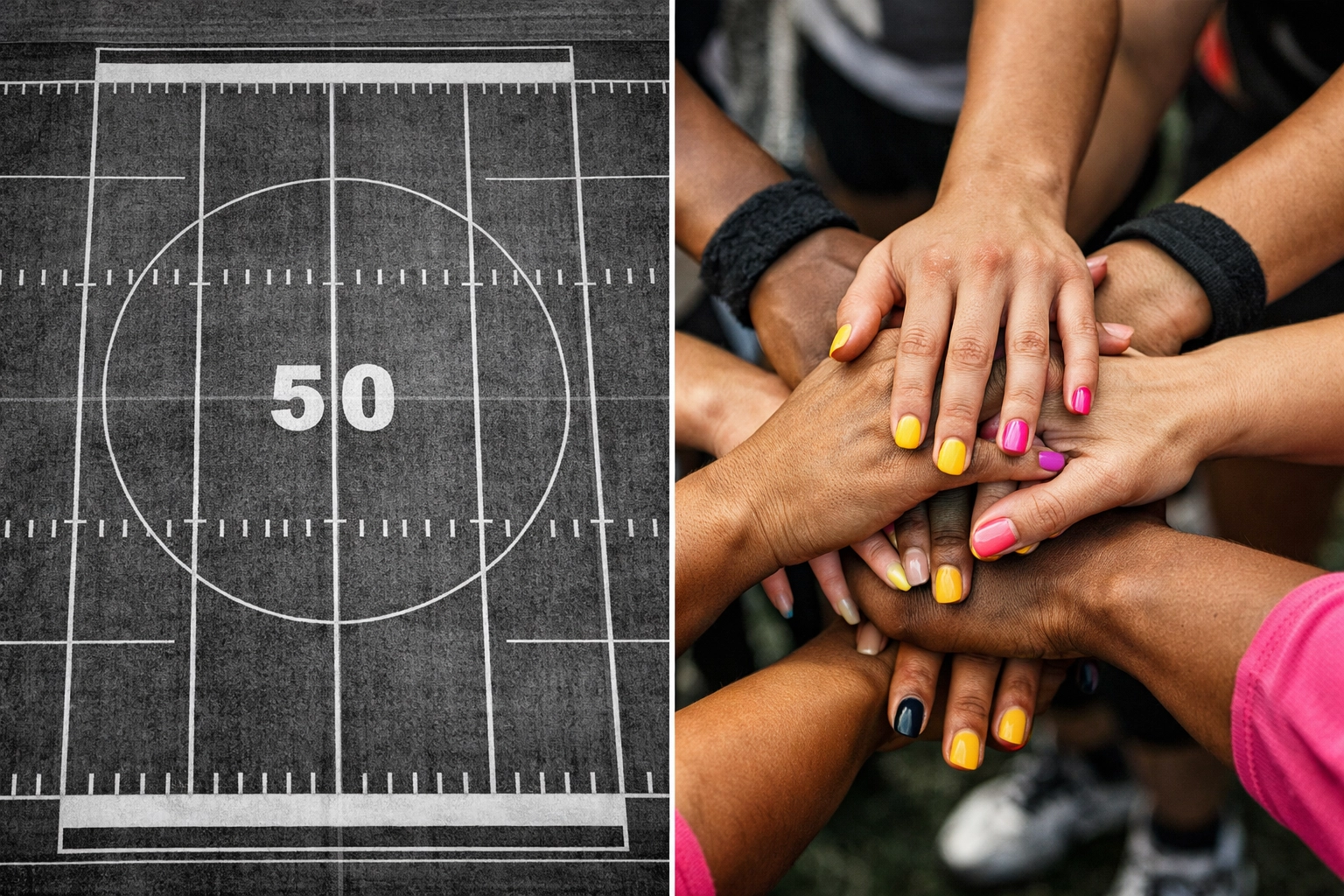Football field and women's hands in team huddle symbolizing building infrastructure together